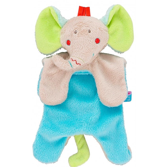 Doudou éléphant plat bleu vert marron - Sucre d'Orge