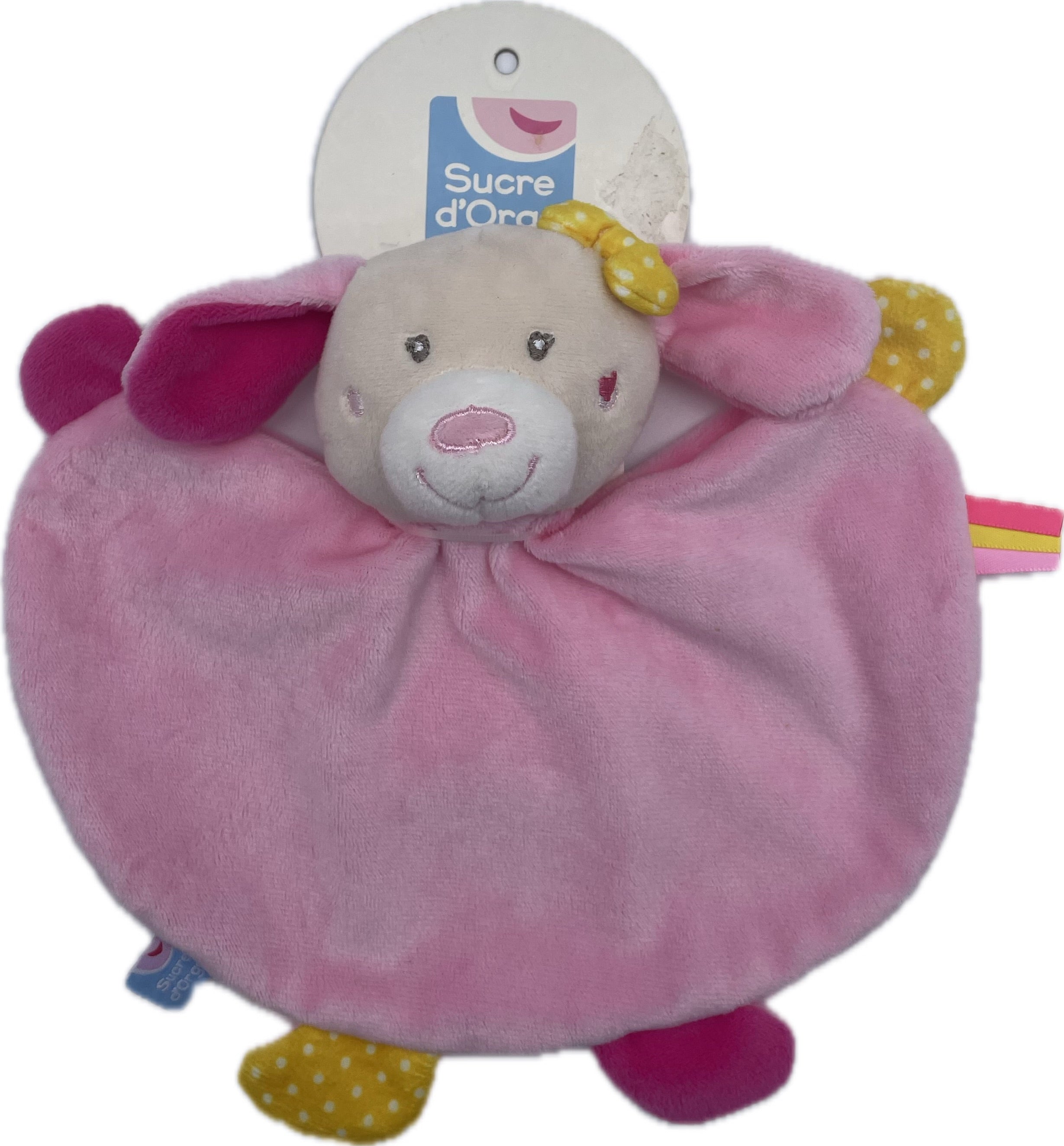 Doudou lapin plat rose jaune - Sucre d'Orge