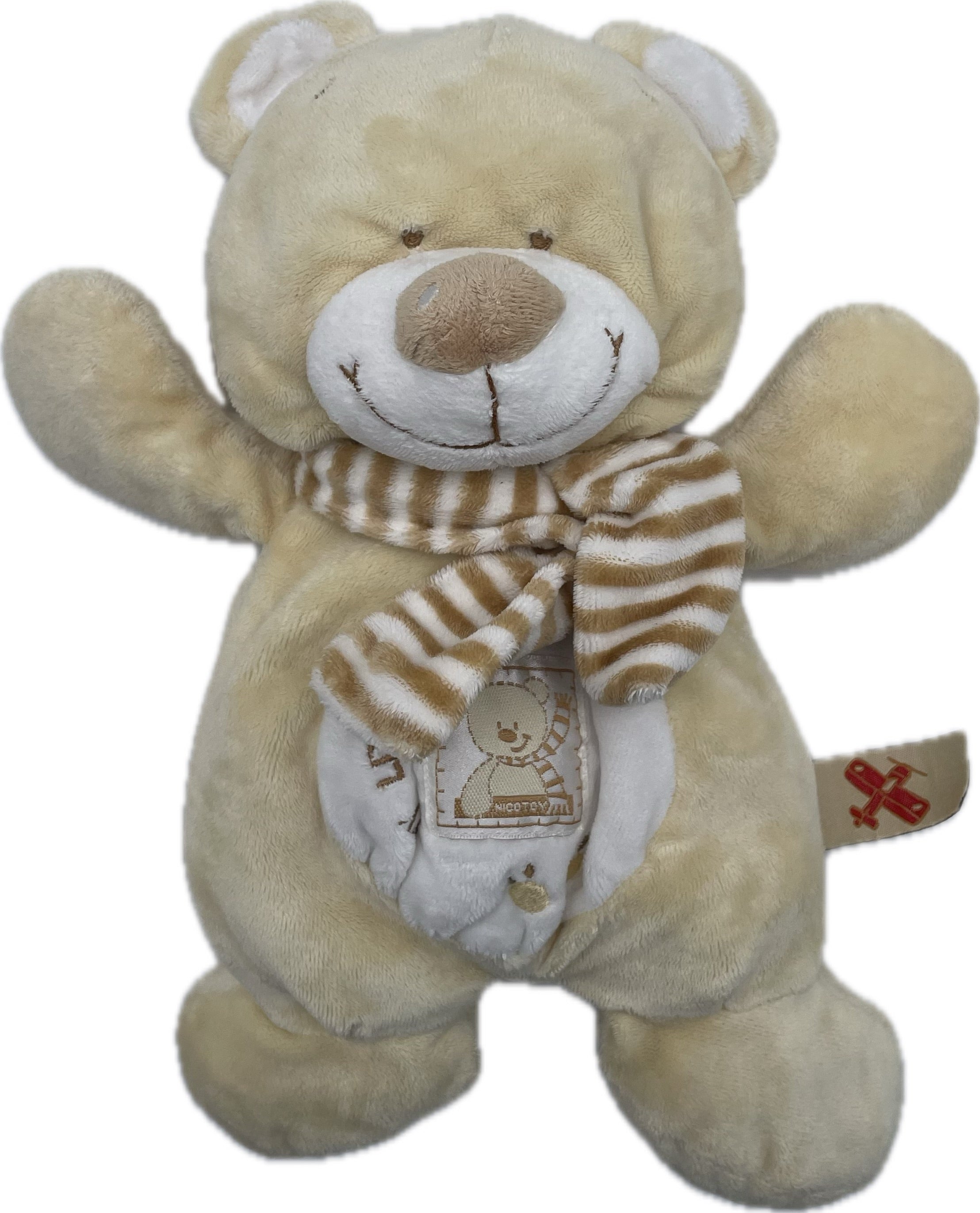 Peluche ours beige écharpe à rayures - Nicotoy