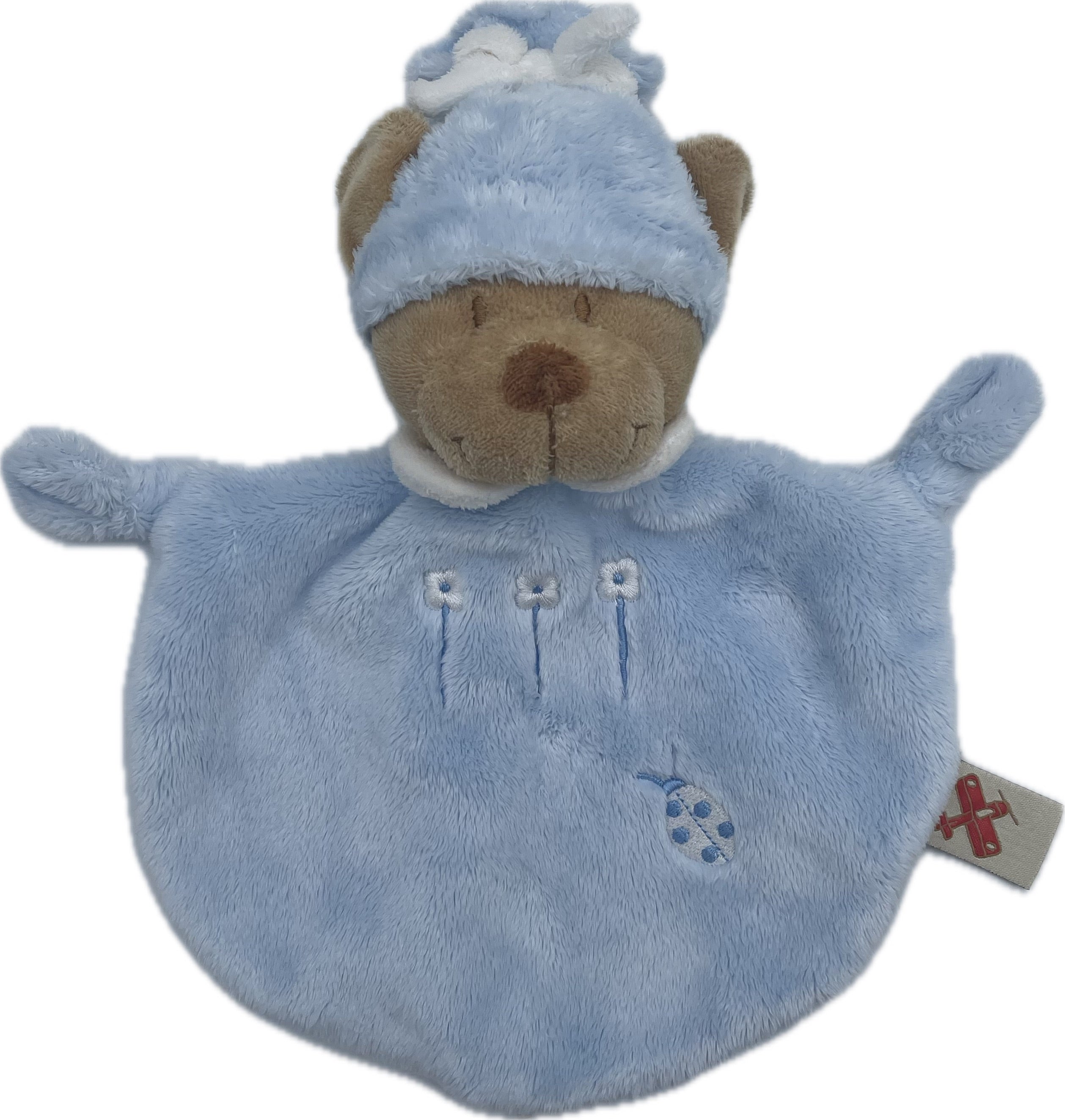 Doudou ours plat bleu broderie fleurs et coccinelle - Nicotoy