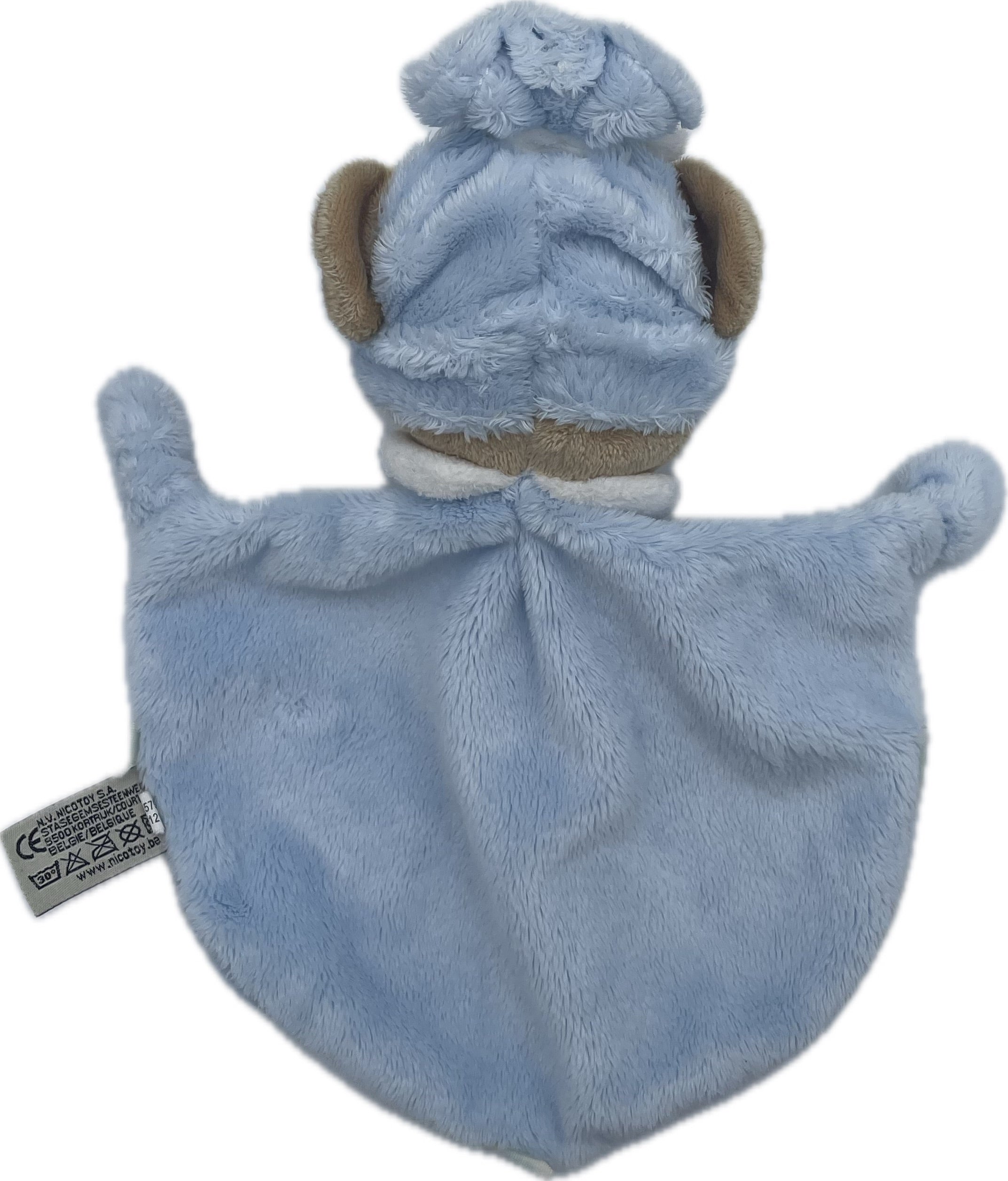 Doudou ours plat bleu broderie fleurs et coccinelle - Nicotoy