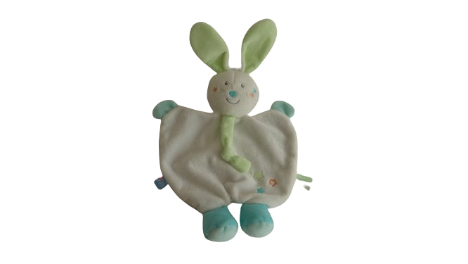 Doudou lapin blanc vert et turquoise plat Sucre d'Orge