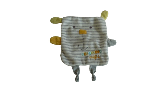 Doudou lapin gris jaune - plat - Mots d'Enfants