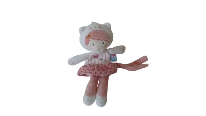 Doudou poupée blanc rose - attache tétine - Sucre d'Orge