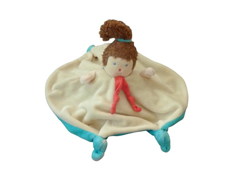 Doudou poupée fille réversible plat bleu crème - Ajena