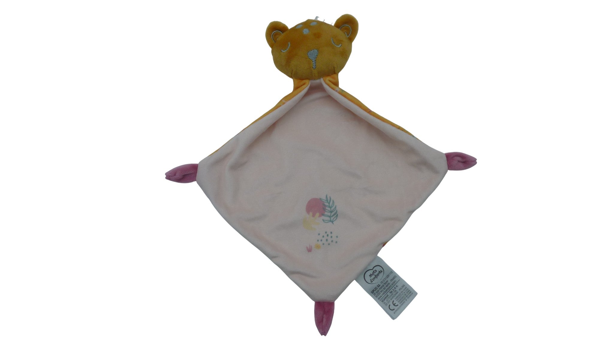 Doudou ours plat marron rose - Mots d'Enfants
