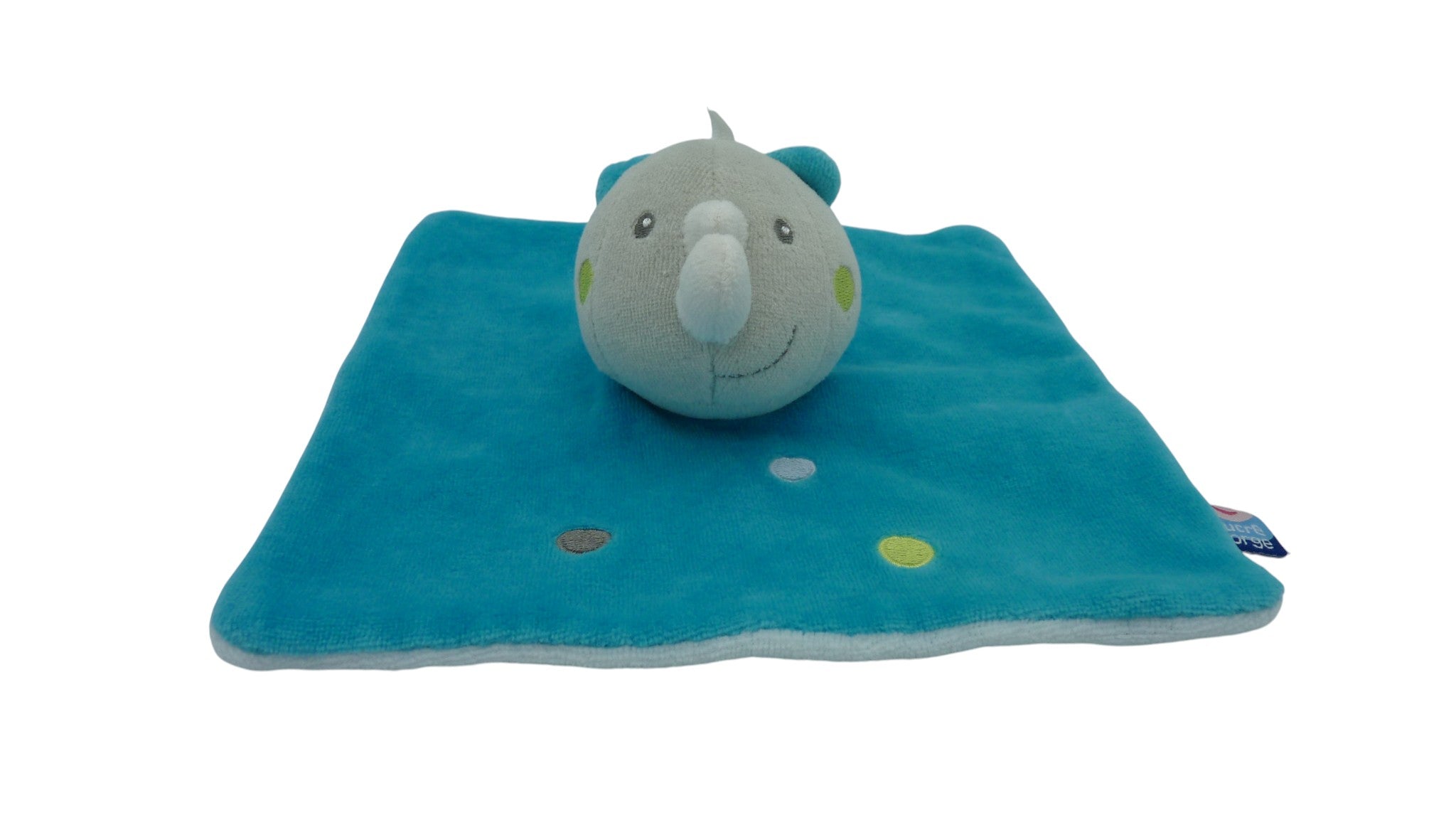 Doudou rhinocéros plat bleu turquoise - Sucre d'Orge