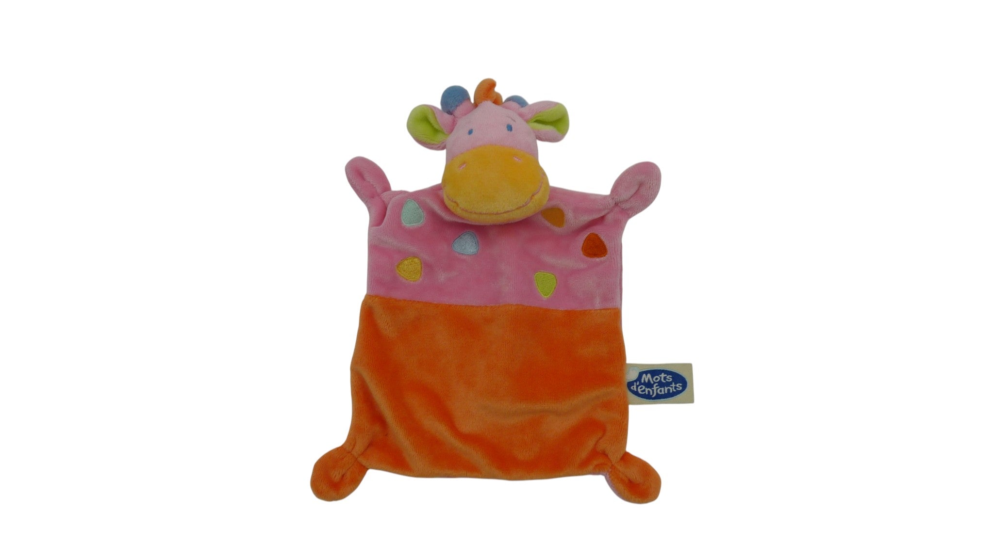 Doudou girafe plat orange rose - Mots d'Enfants