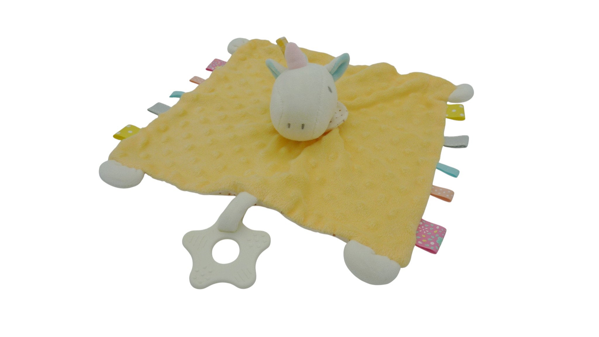 Doudou licorne plat jaune avec anneau de dentition