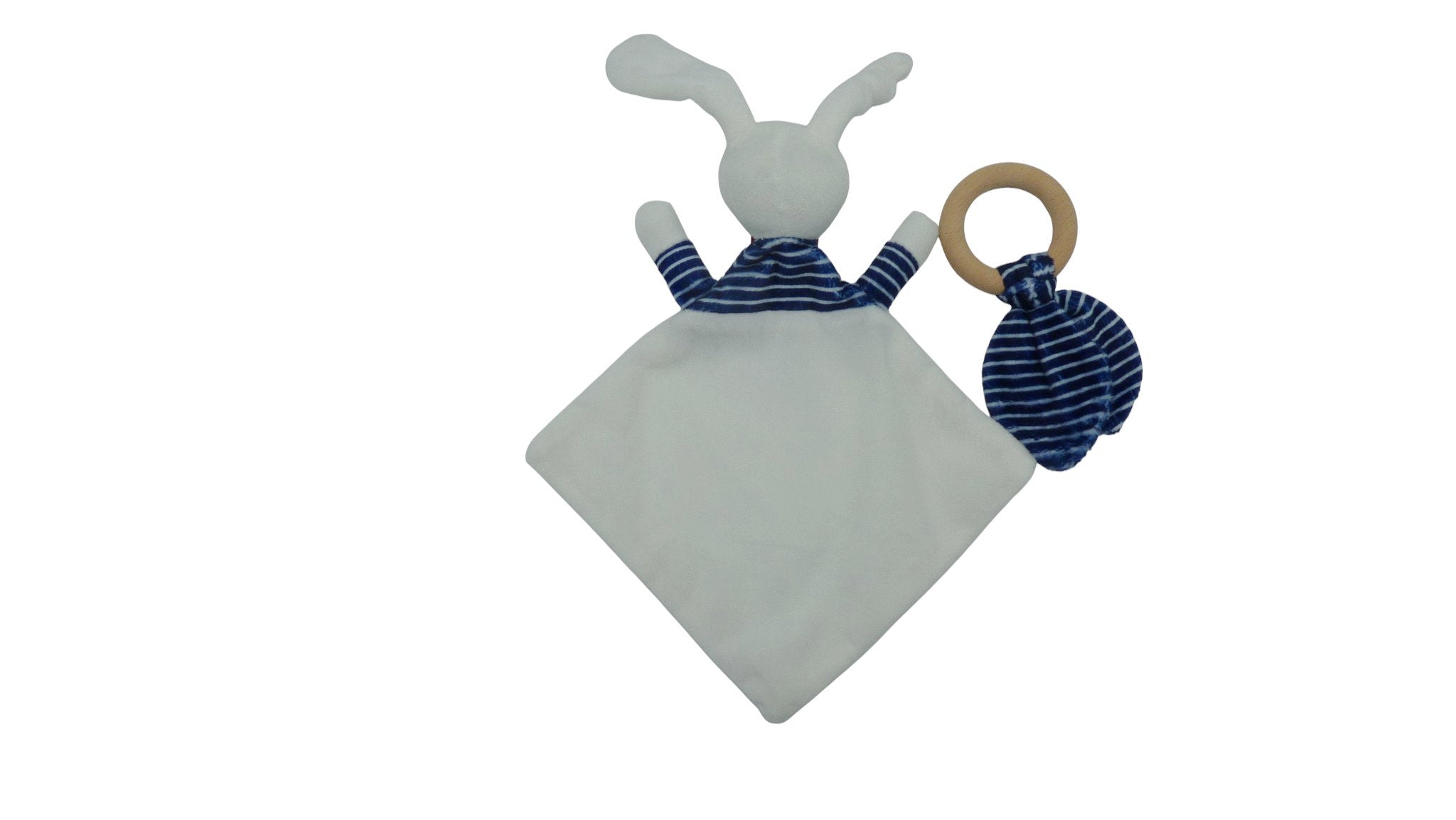 Doudou lapin plat blanc bleu et son anneau de dentition - Envie de Fraises