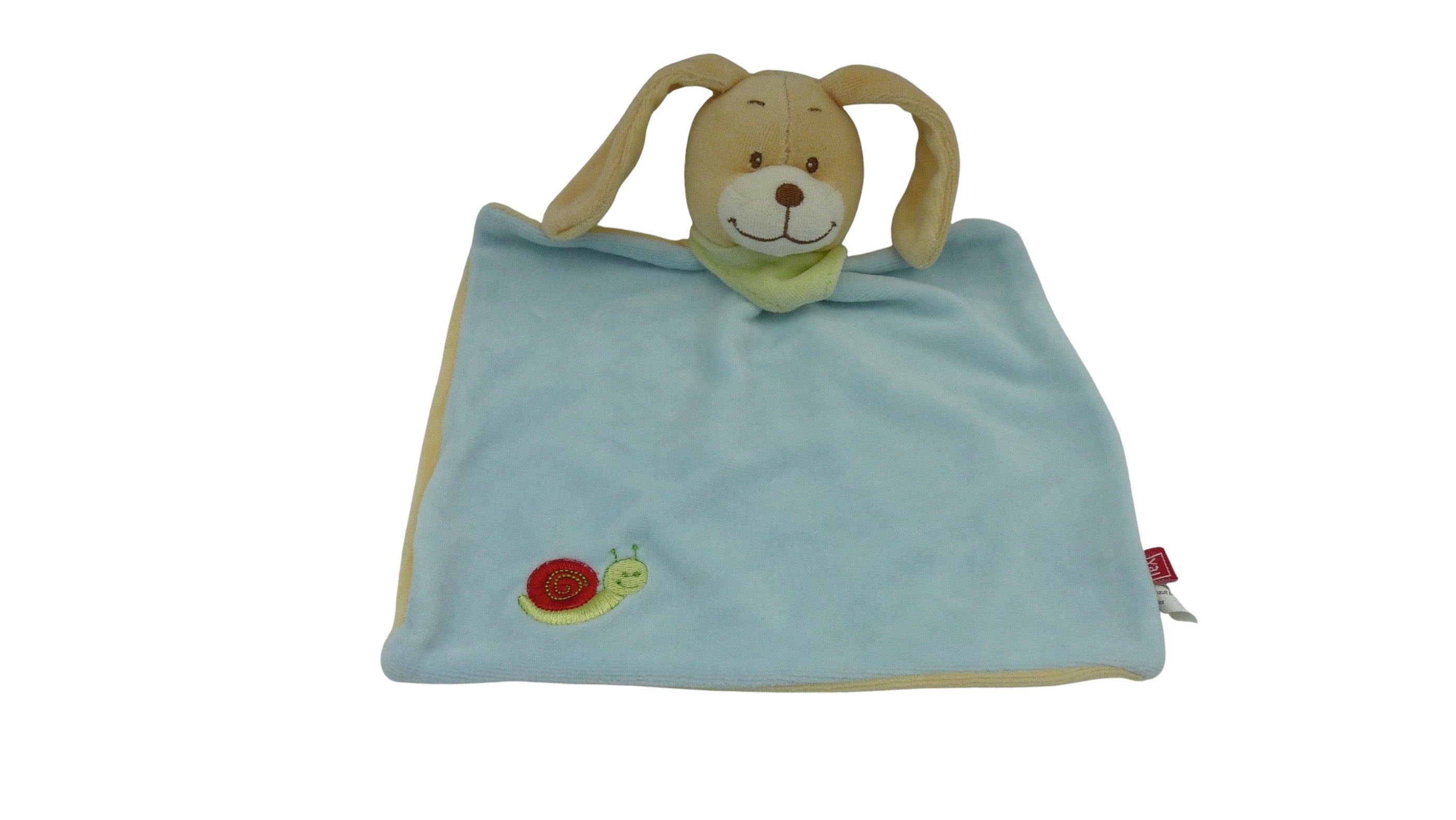 Doudou lapin plat bleu jaune motif escargot - Tex Baby