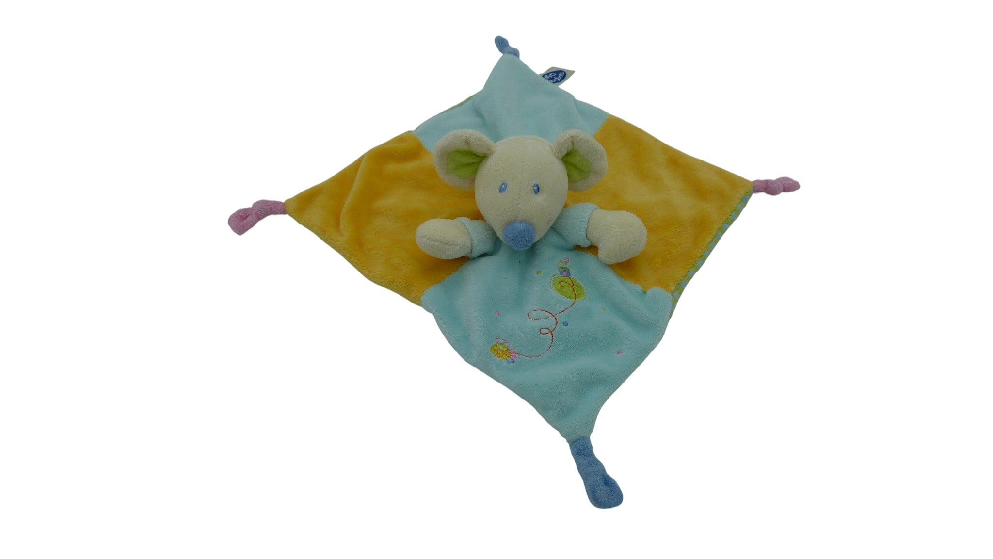 Doudou souris plat jaune turquoise - Mots d'Enfants