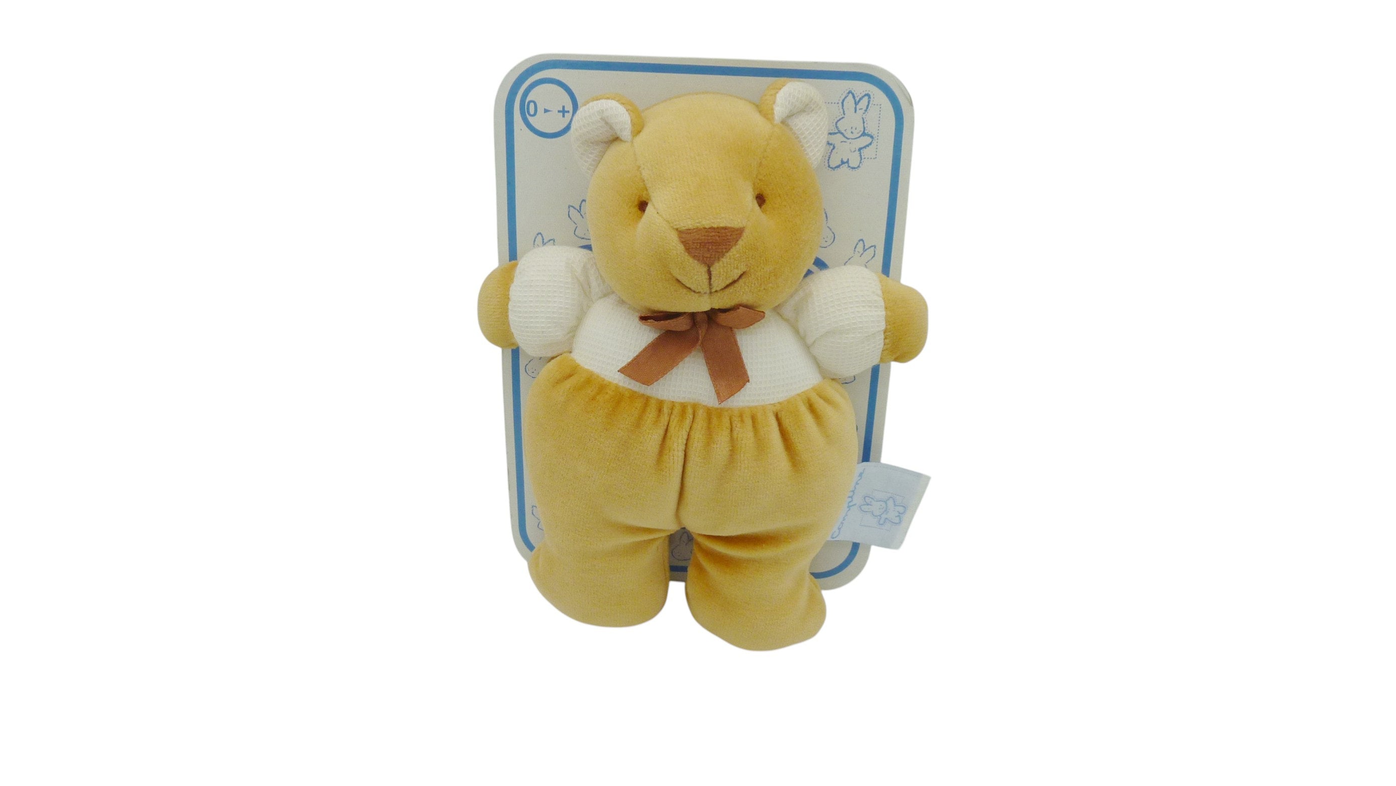 Peluche ours marron tissu blanc nid d'abeille - Comptine - 21 cm
