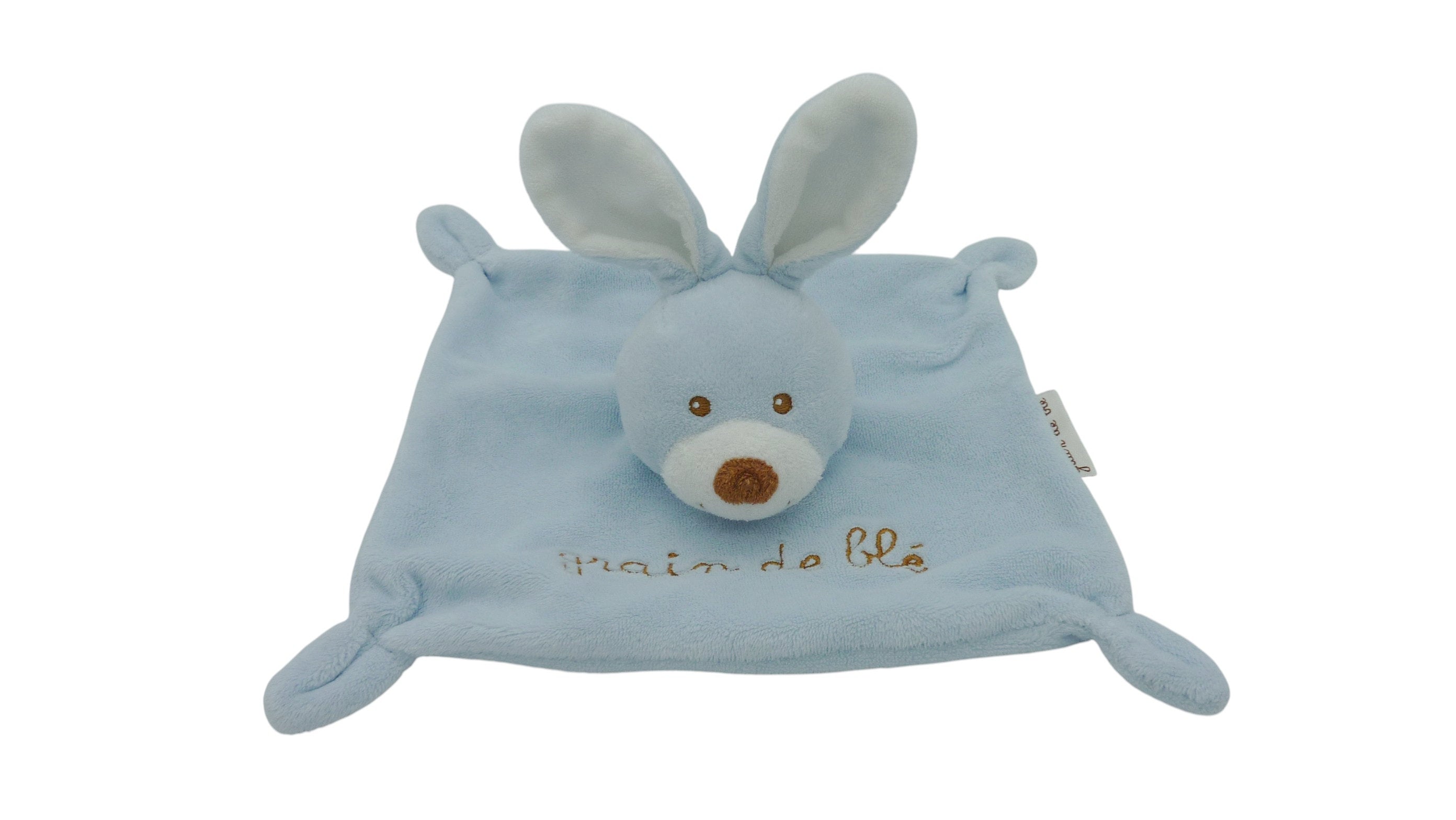 Doudou lapin plat bleu - Grain de Blé
