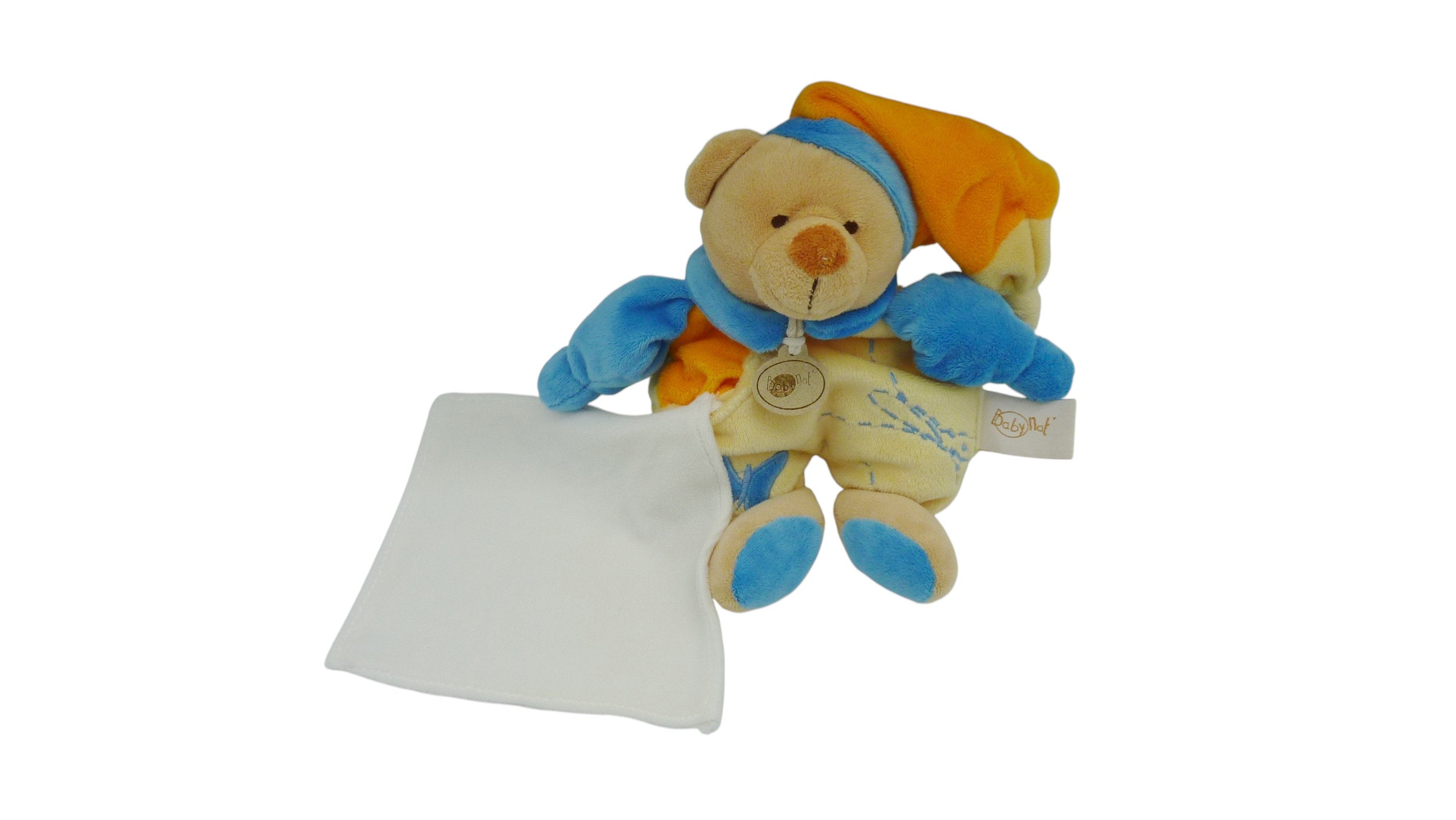 Peluche ours avec mouchoir bleu jaune orange - Baby'Nat - 27 cm