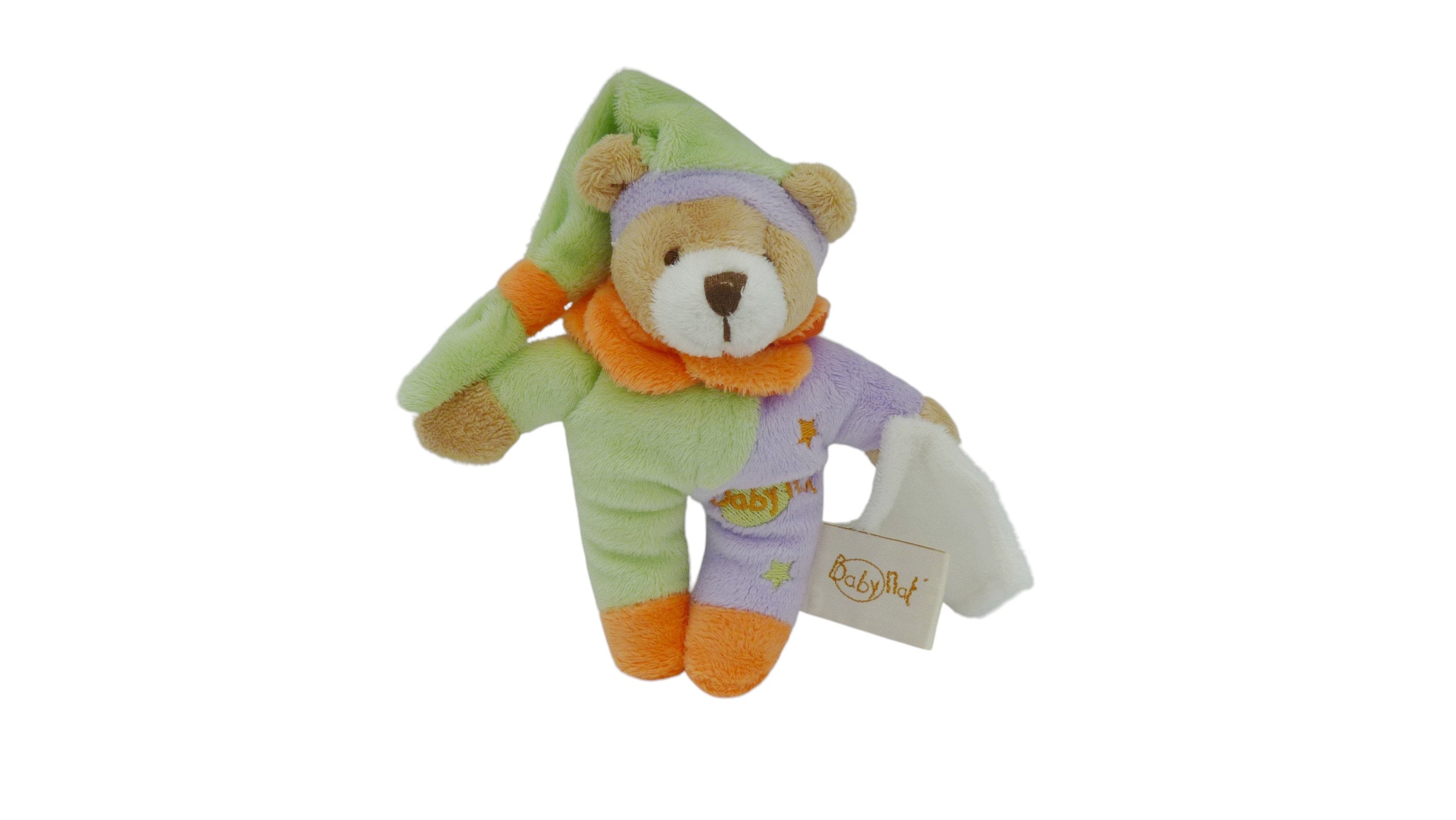 Peluche ours avec mouchoir vert violet orange - Baby'Nat - 14 cm