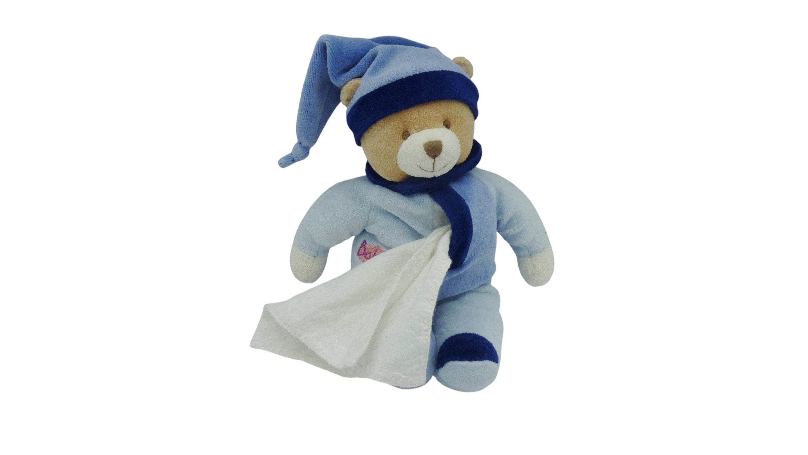 Peluche mouchoir ours bleu - Baby'Nat - 26 cm