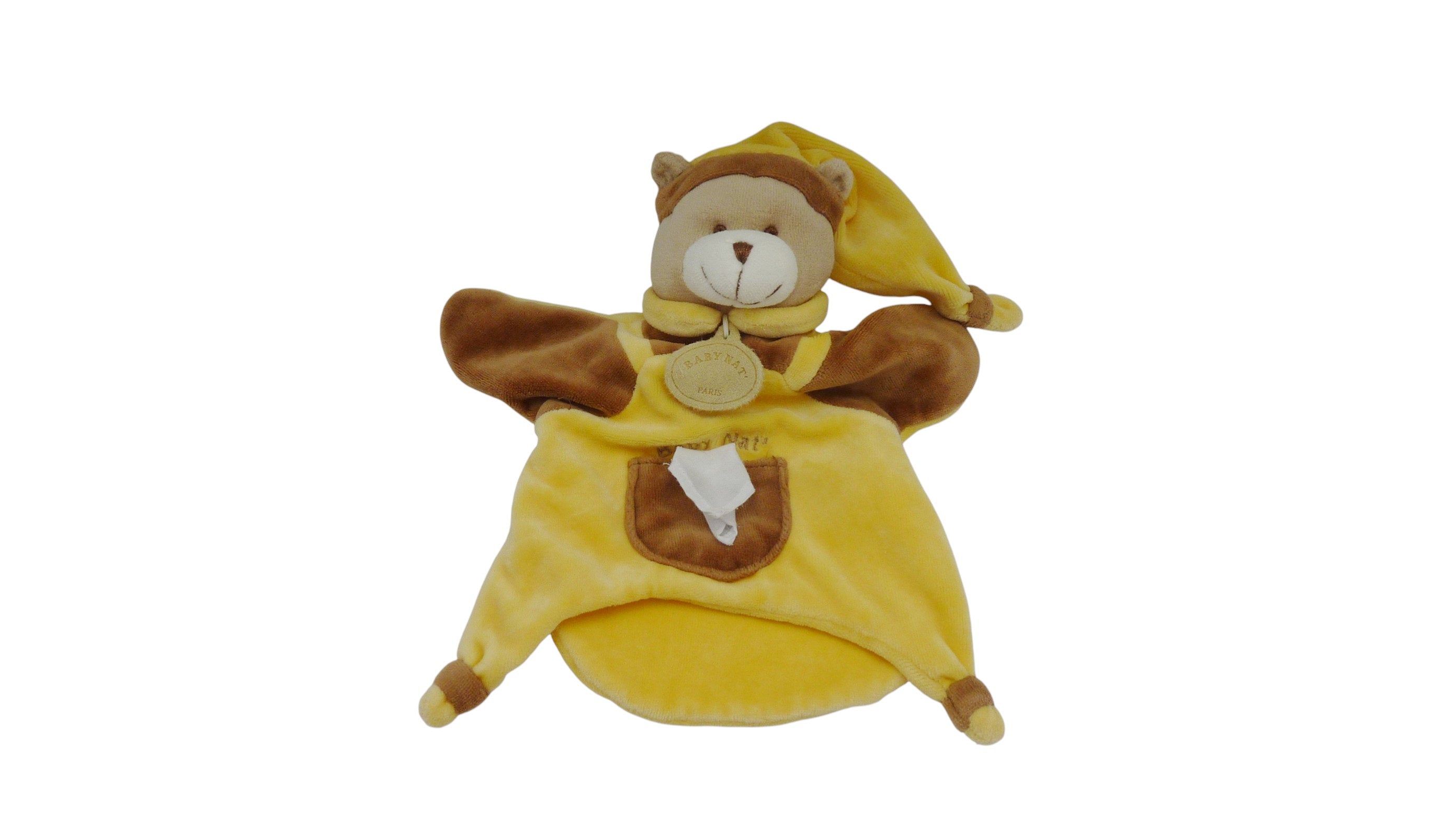 Doudou ours marionnette marron jaune - Baby'Nat - 27 cm