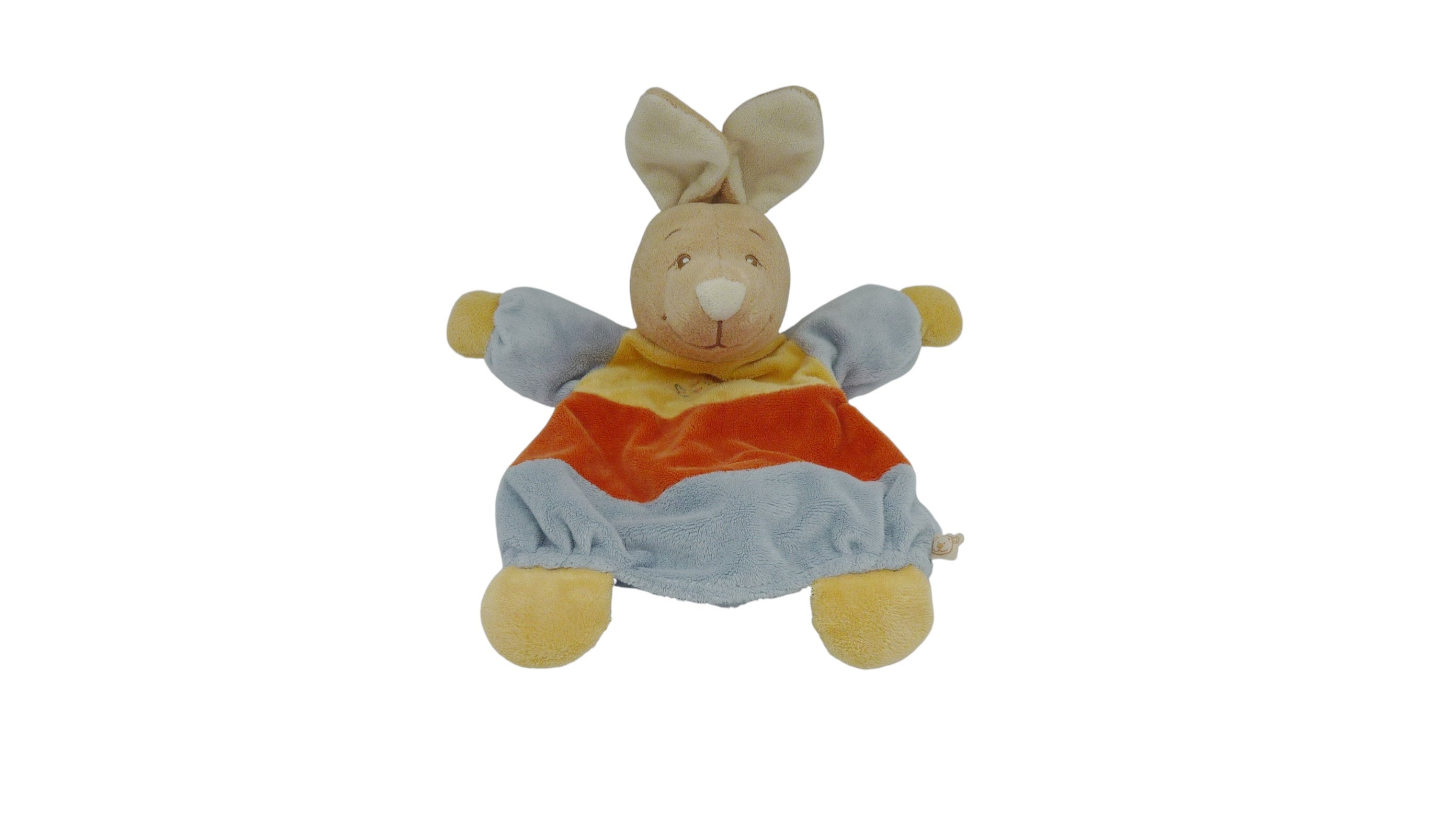 Doudou lapin marionnette bleu orange jaune - Noukie's - 32 cm