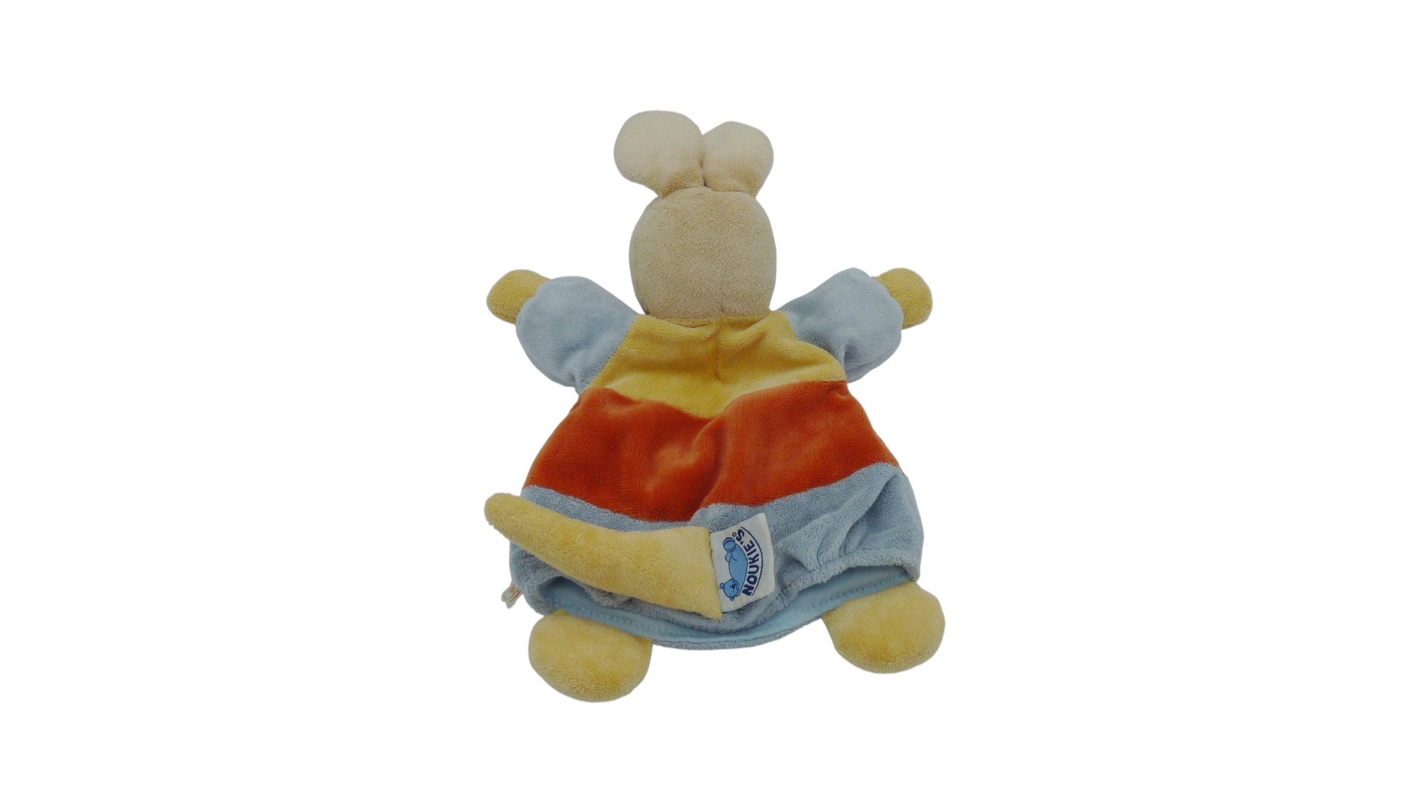 Doudou lapin marionnette bleu orange jaune - Noukie's - 32 cm