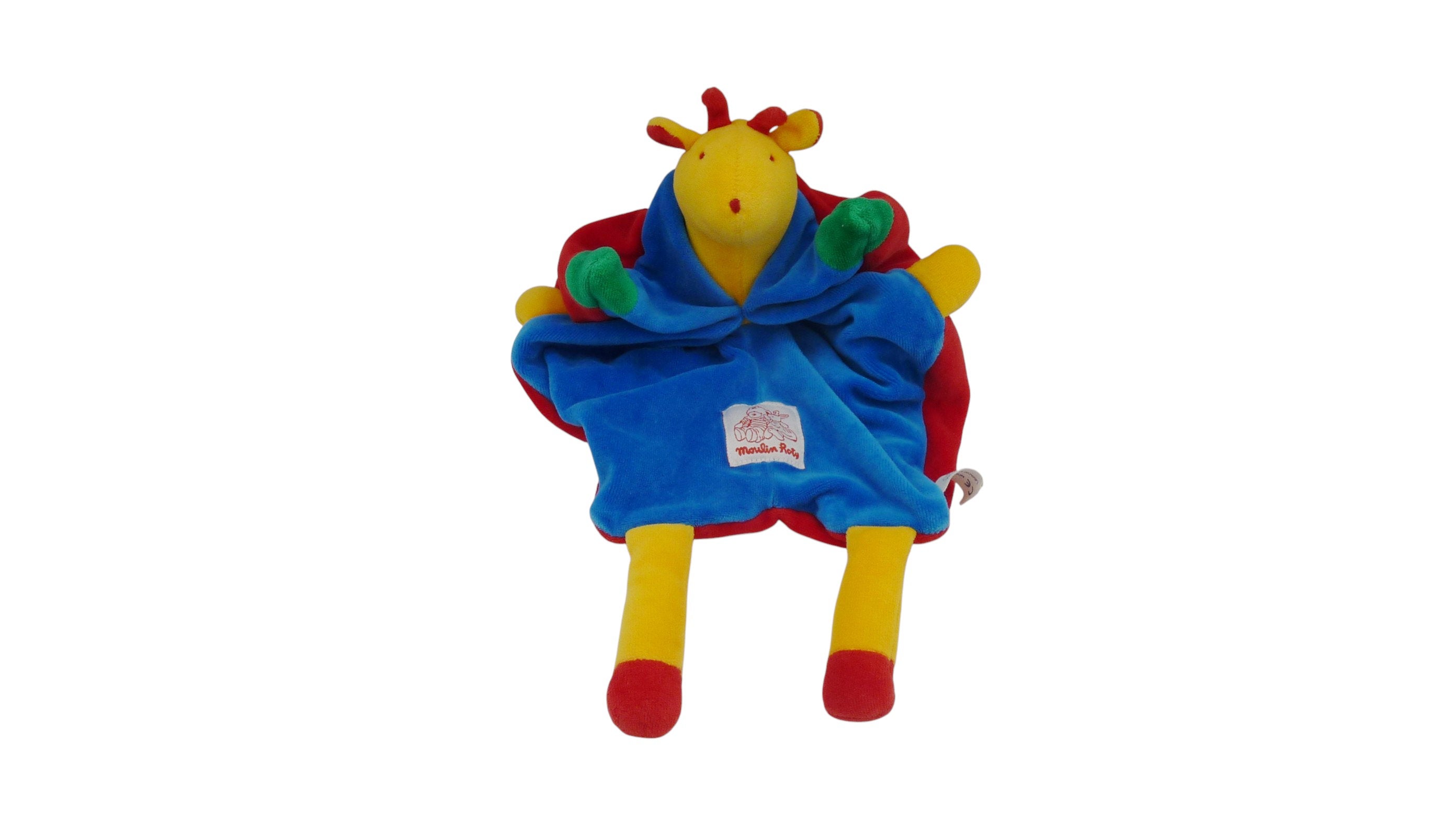 Doudou girafe plat bleu rouge vert - Moulin Roty