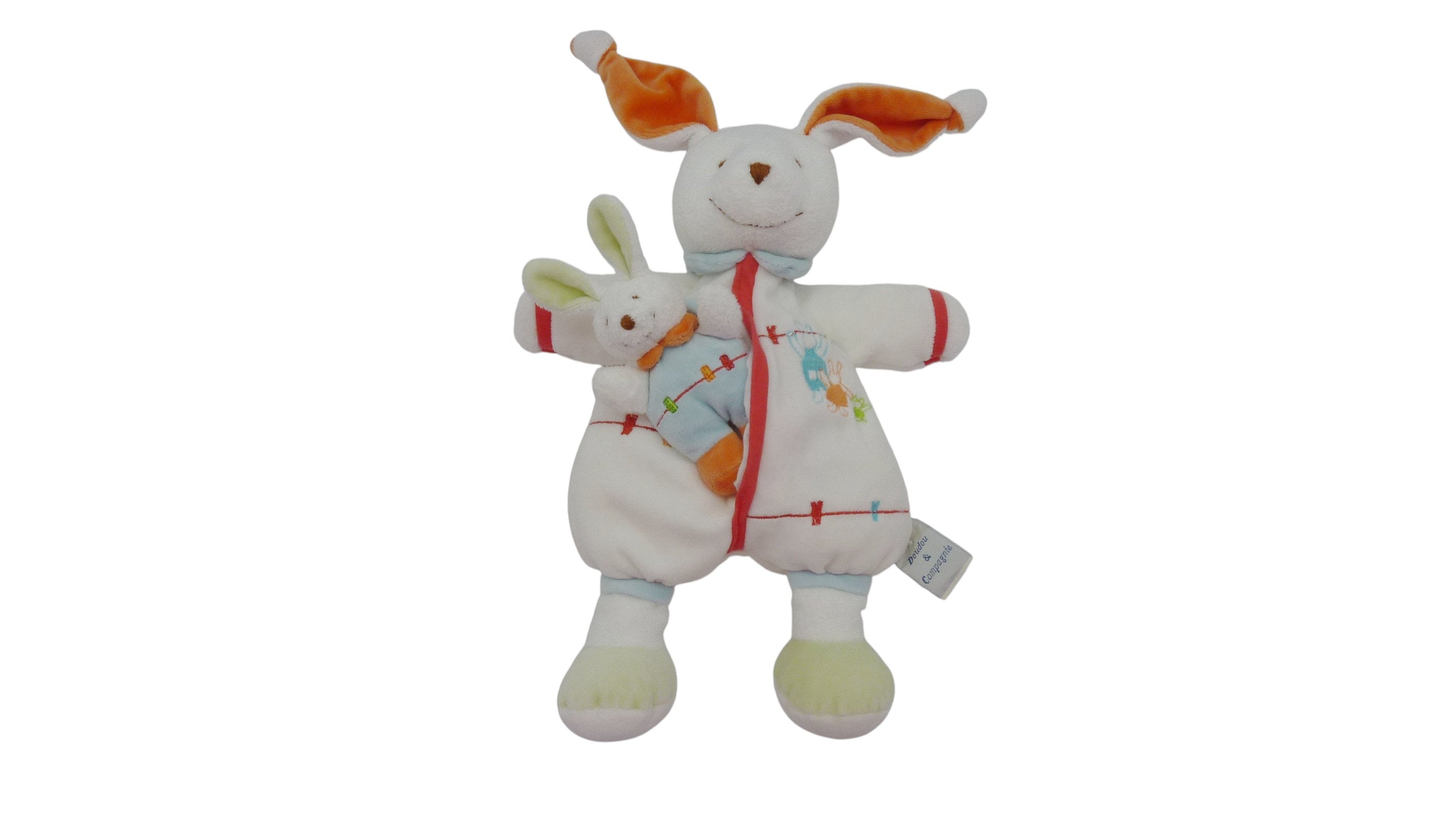 Peluche lapin et son petit lapin blanc orange - Doudou et compagnie - 31 cm