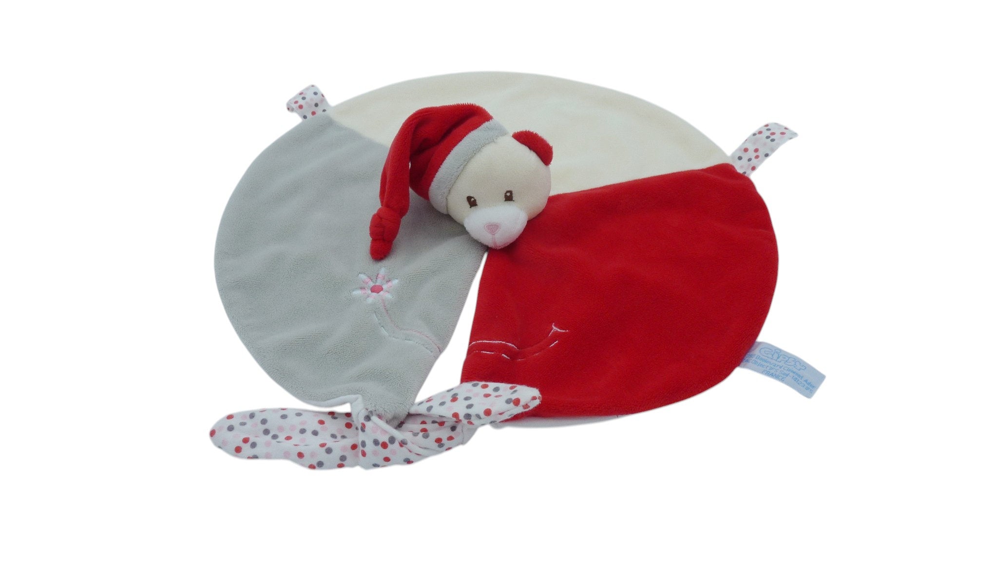 Doudou ours plat rouge écru gris - Gipsy