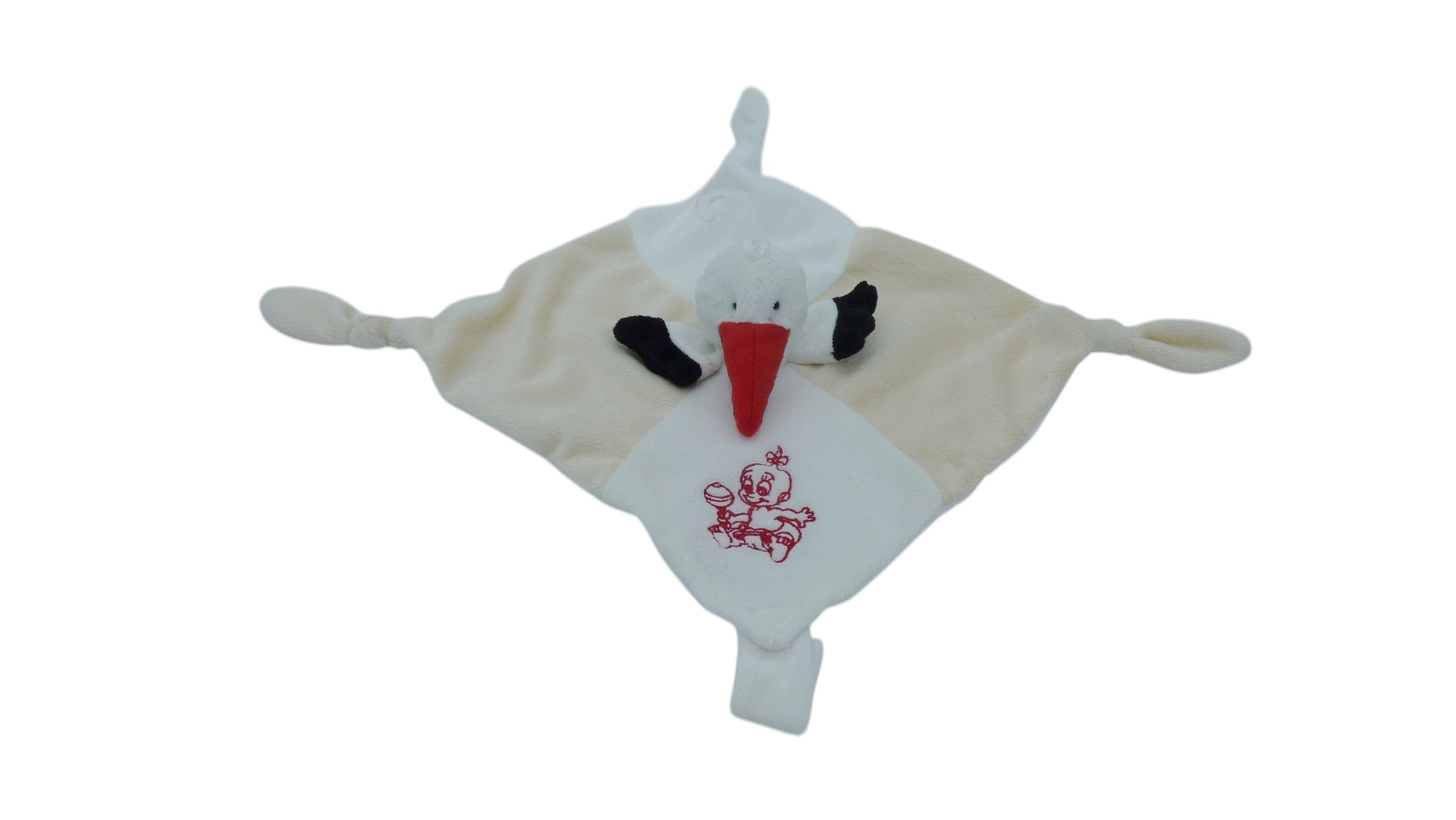 Doudou cigogne plat attache tétine beige blanc - Roda