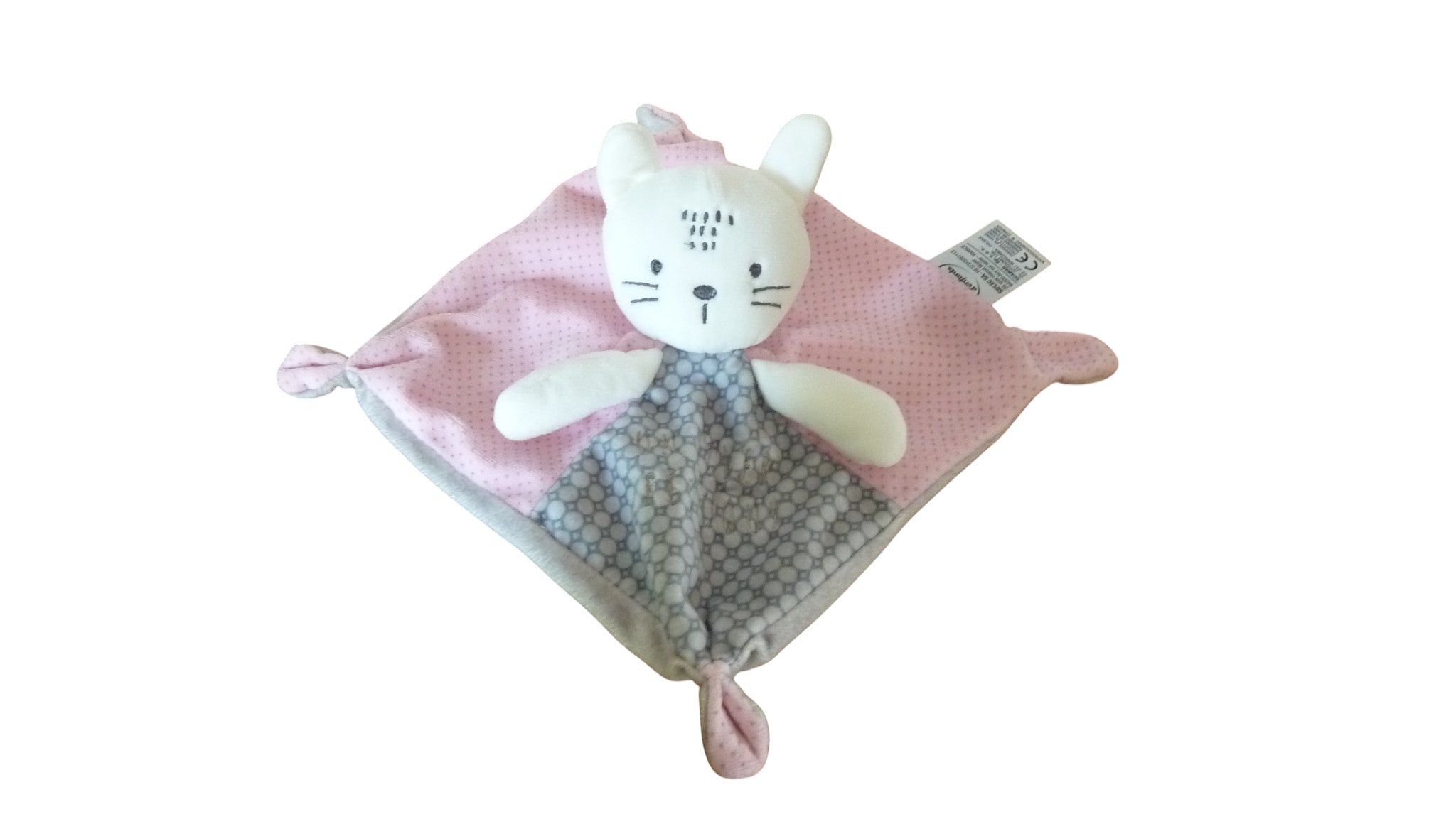 Doudou chat plat rose gris - Mots d'Enfants