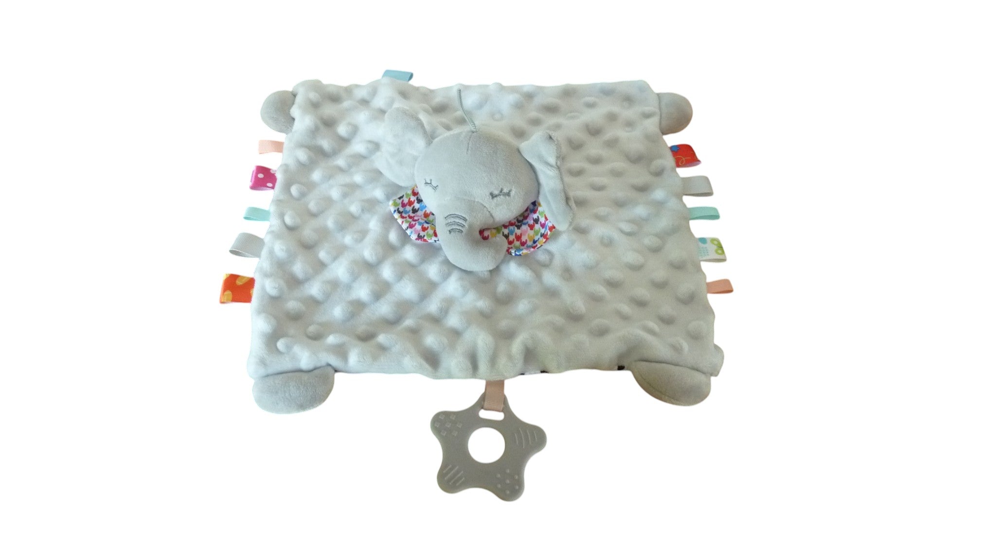 Doudou éléphant plat gris anneau de dentition