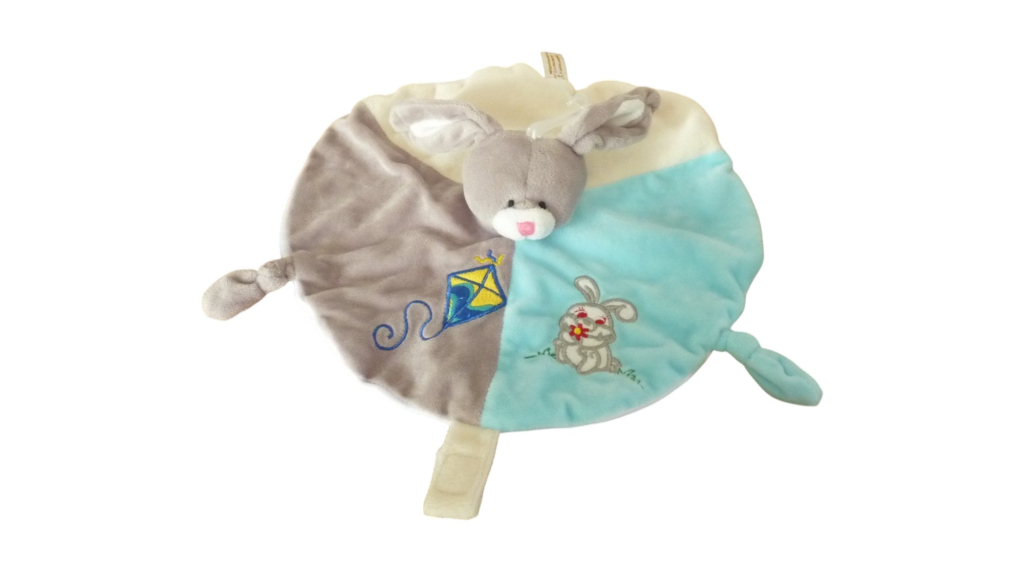 Doudou lapin plat bleu gris attache tétine - Roda