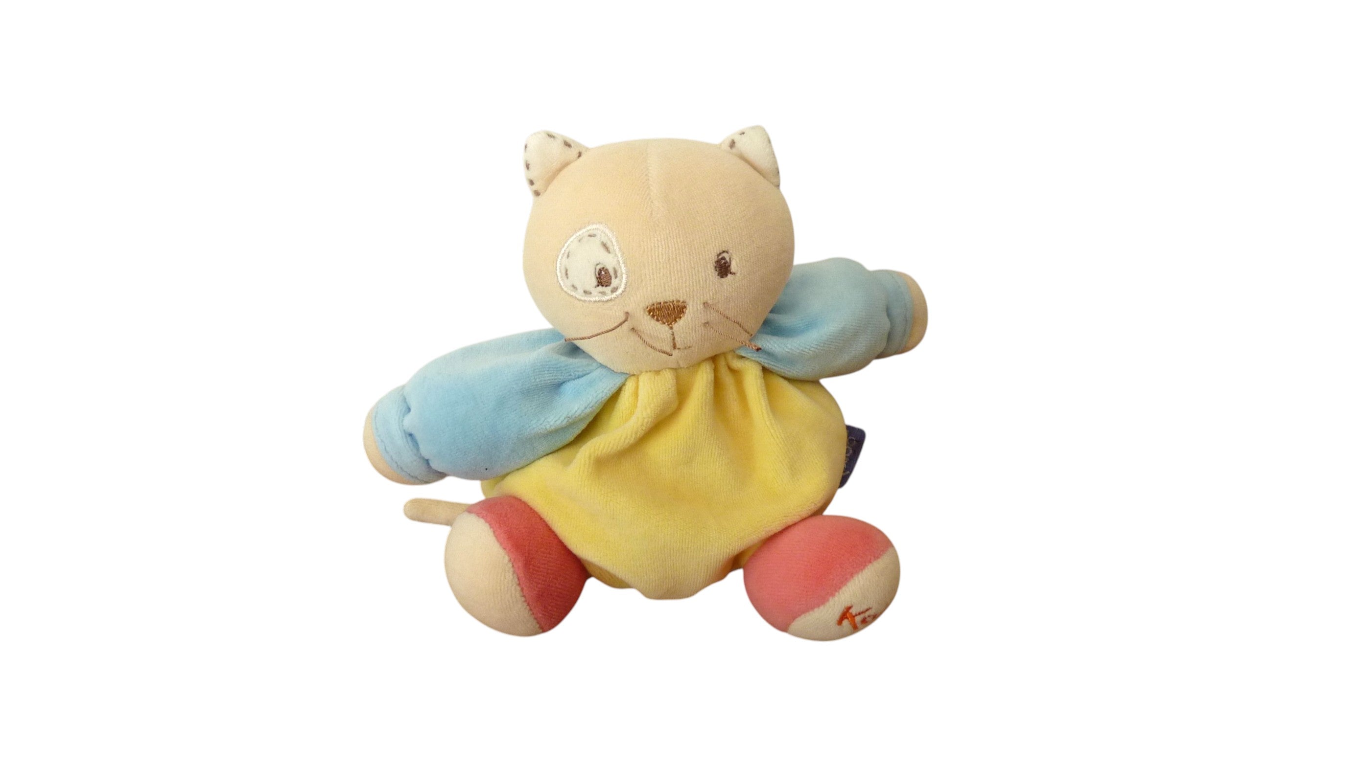 Peluche chat jaune bleu - 20 cm