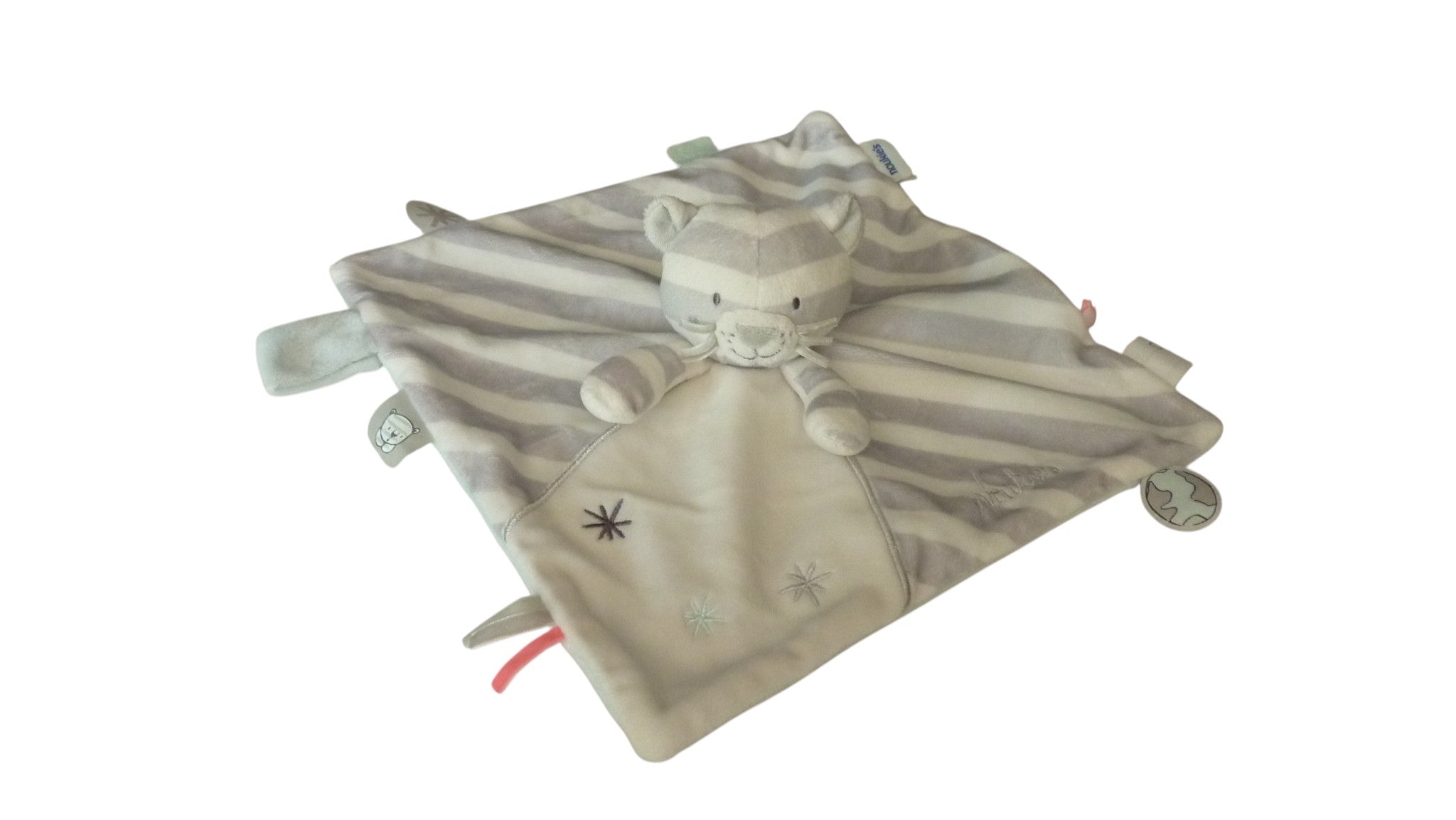 Doudou tigre plat blanc gris attache sucette Anna et Milo - Noukie's