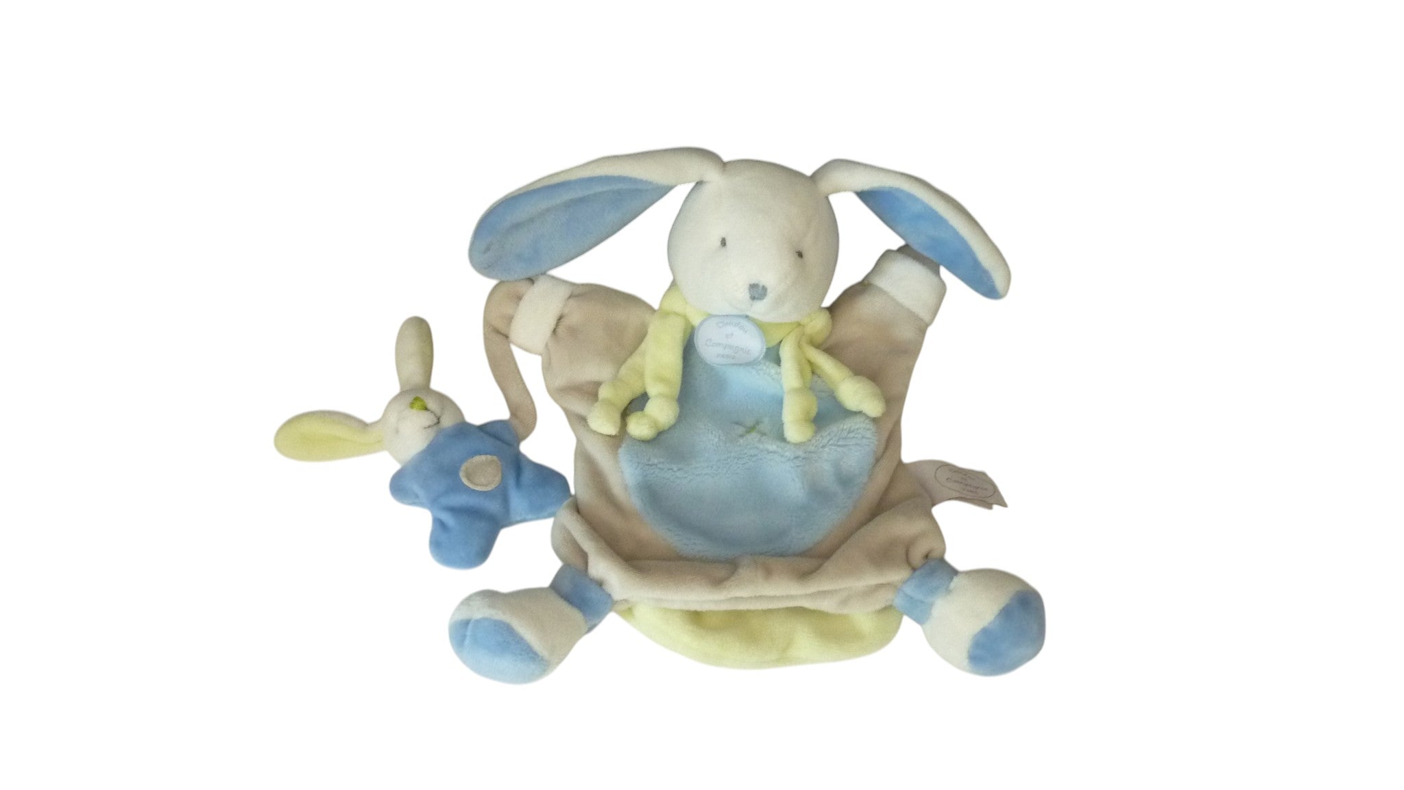 Doudou lapin marionnette gris bleu vert - Marionnette Microfibre - DC2567 Doudou et Compagnie
