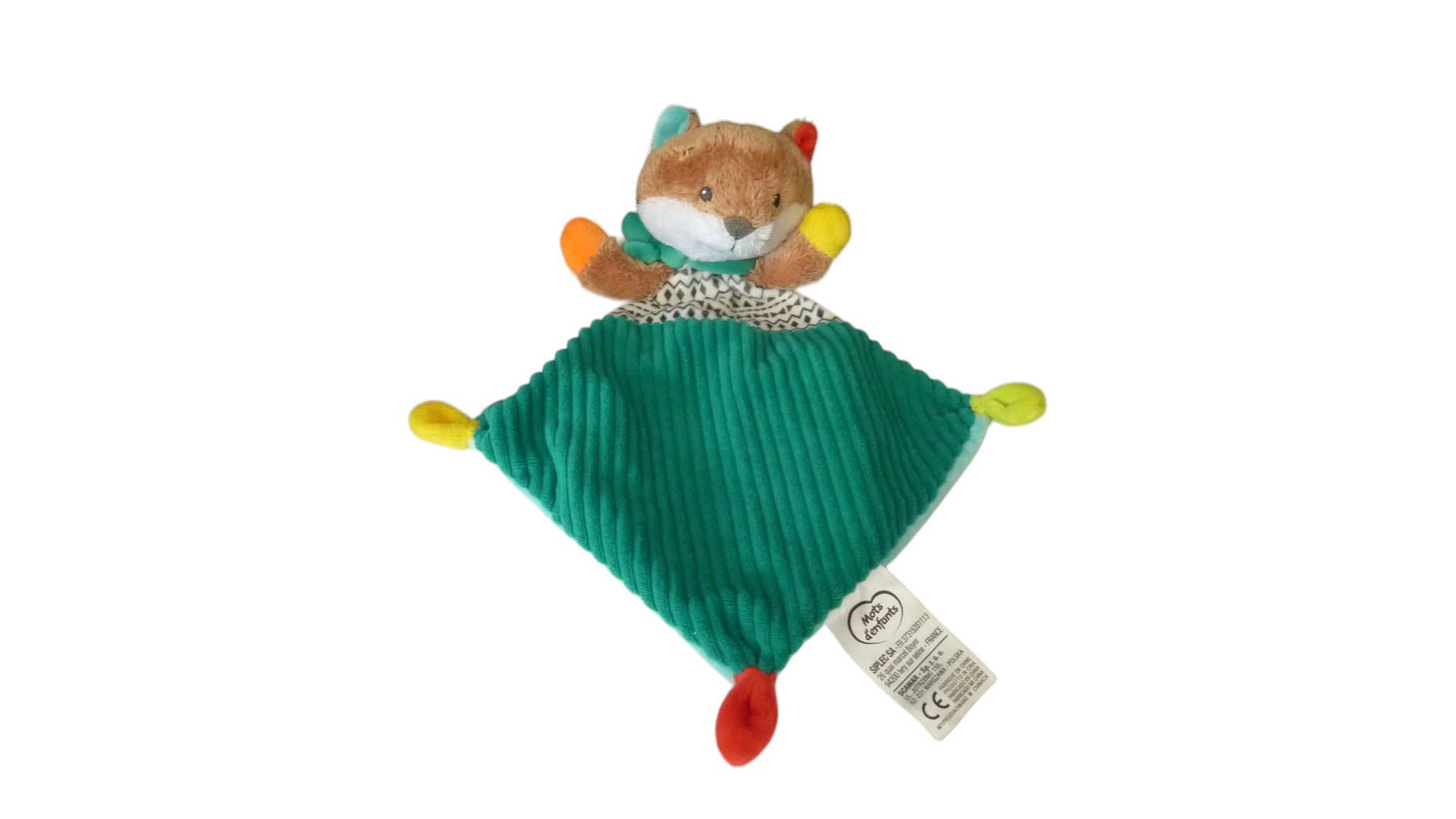 Doudou renard plat vert - Mots d'Enfants