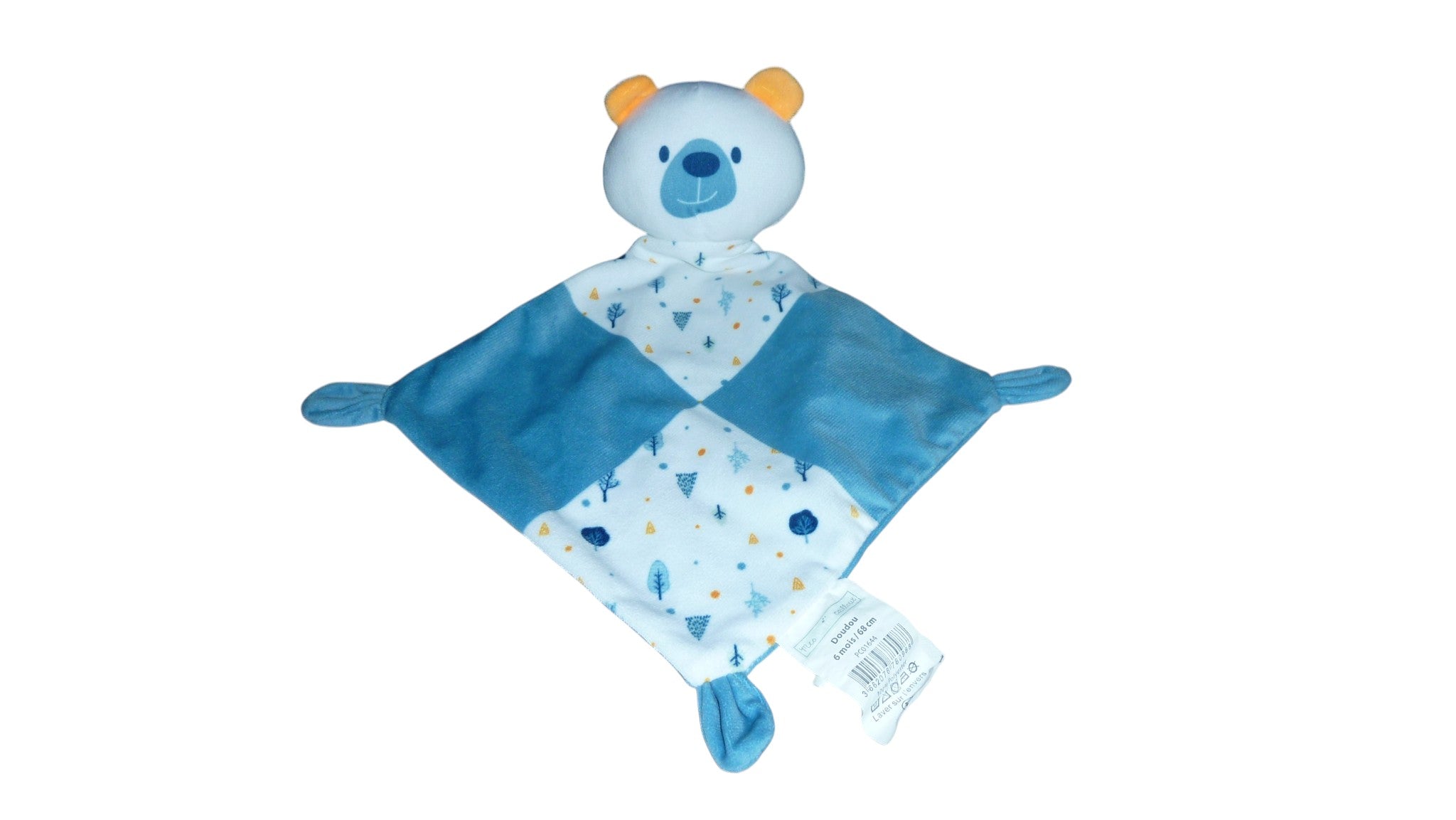 Doudou ours plat bleu blanc - Mes Petits Cailloux