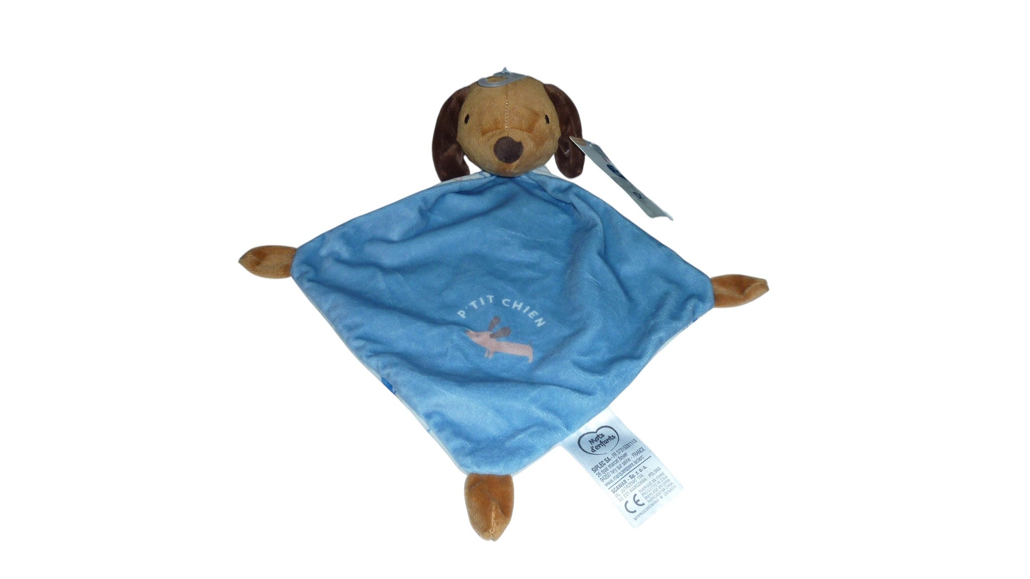Doudou chien plat bleu - Mots d'enfants