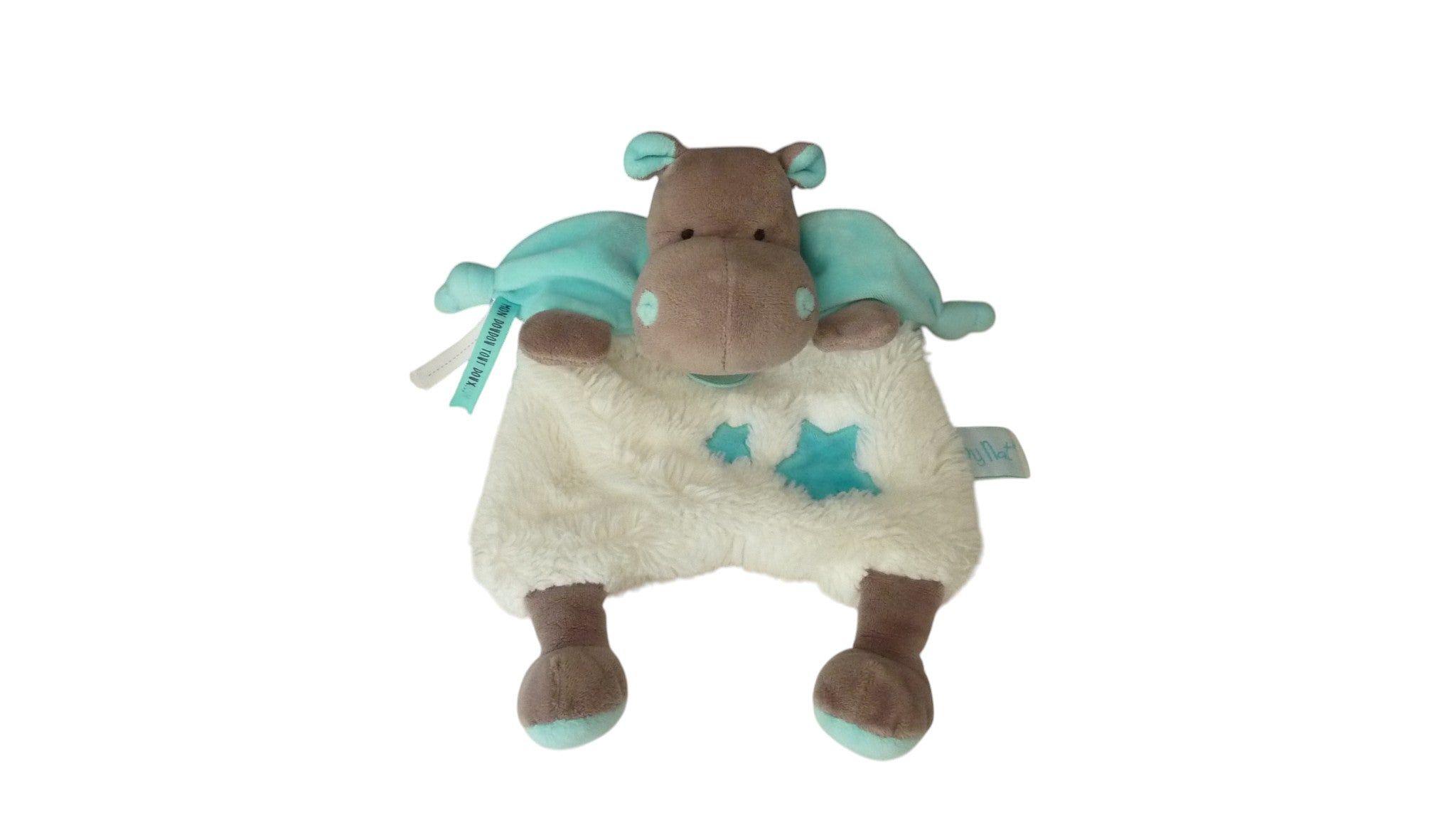 Doudou hippopotame plat blanc turquoise - Bazile & Zoé - BN0362 Baby'Nat
