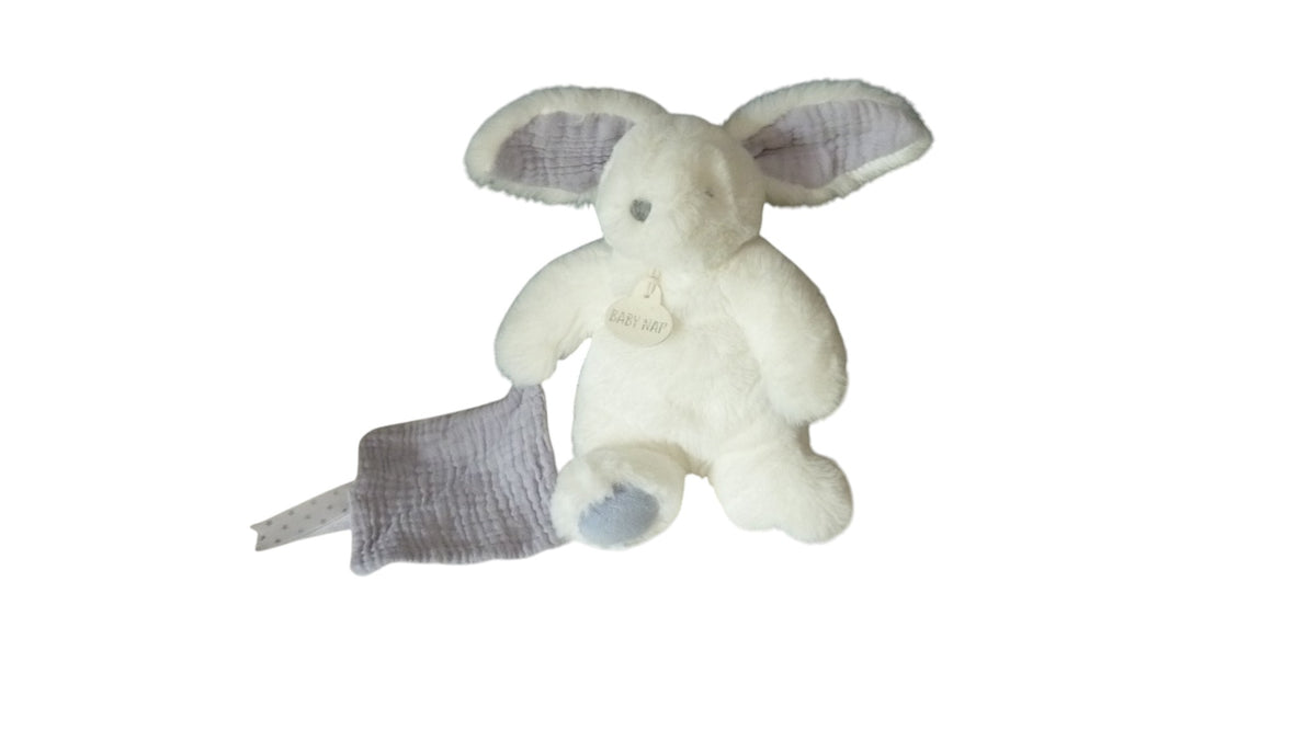 Peluche lapin blanc et bleu avec mouchoir gris – Baby'Nat Bleu Céleste 22 cm
