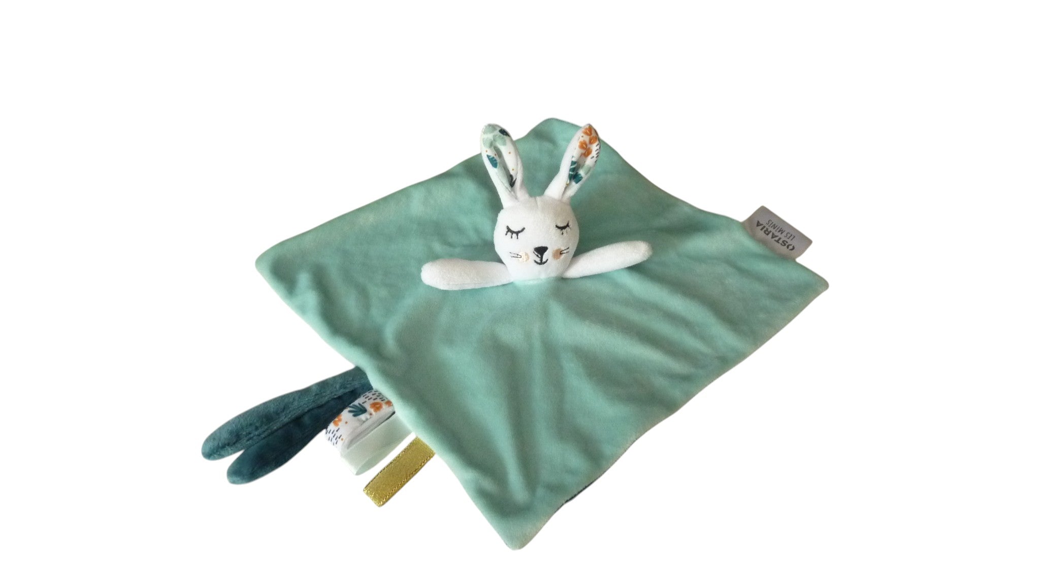 Doudou lapin plat vert bleu attache tétine - Ostaria les Minis