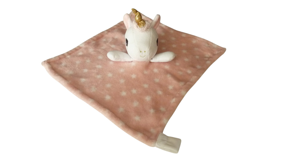 Doudou licorne plat rose blanc attache tétine