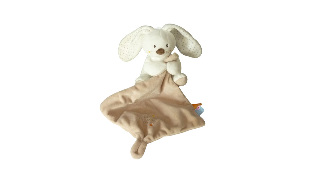 Peluche mouchoir lapin blanc marron - Sucre d'Orge 15 cm