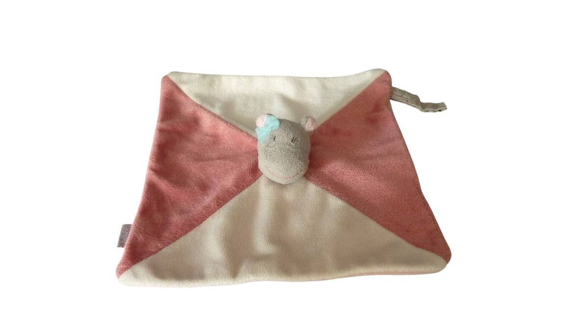 Doudou hippopotame plat attache tétine rose écru - Bébé9