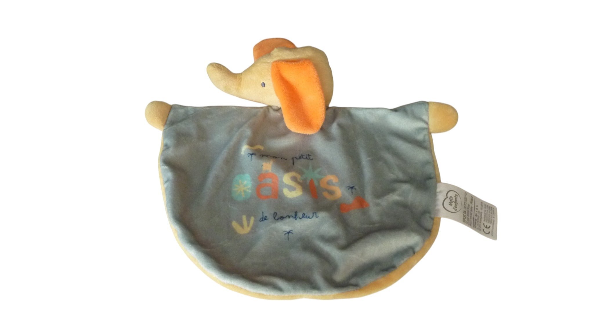 Doudou éléphant plat gris jaune - Mots d'Enfants