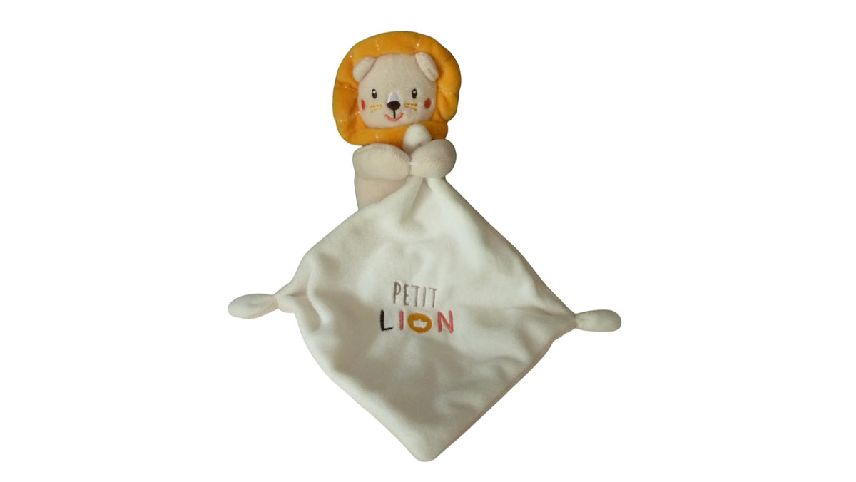Peluche mouchoir lion beige blanc jaune - sucre d'Orge 19 cm