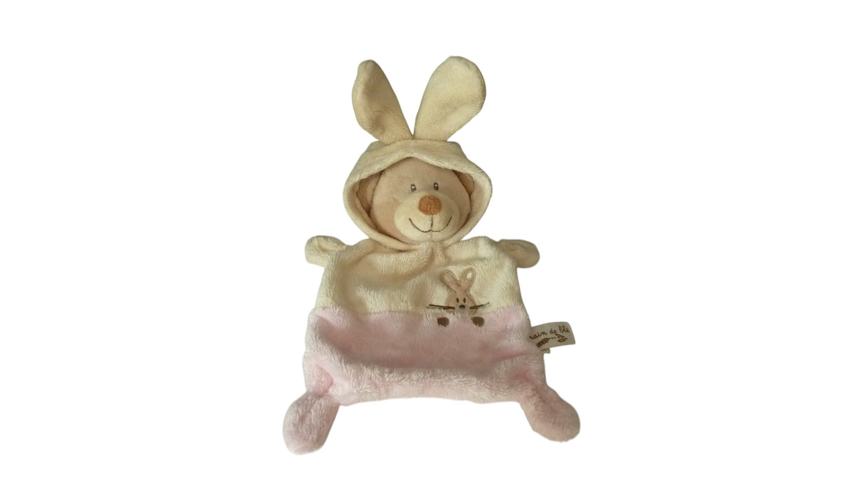 Doudou ours plat déguisé en lapin beige rose - Grain de Blé