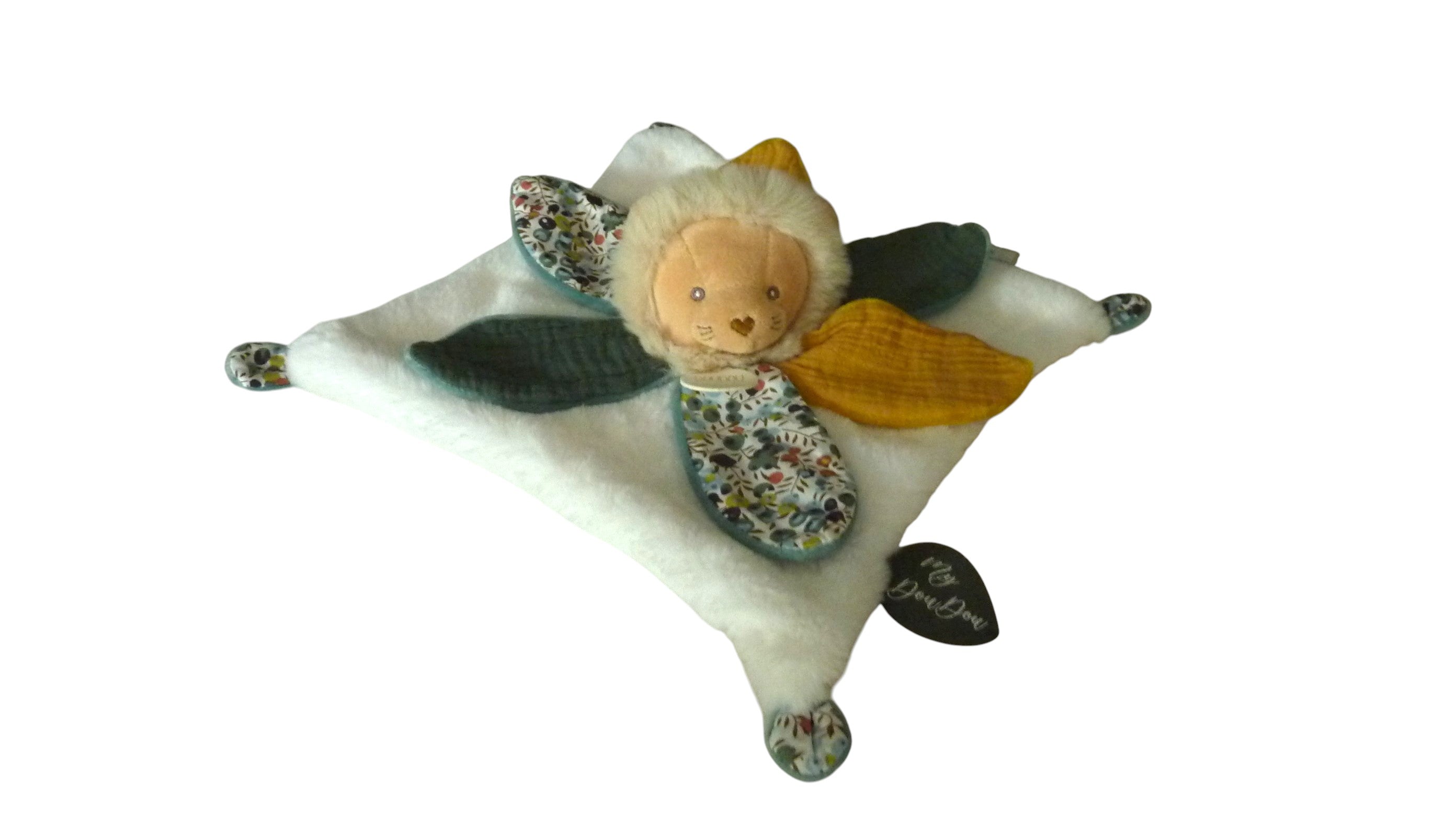 Doudou lion plat blanc jaune vert - Boh'aime - DC4025 doudou et Compagnie