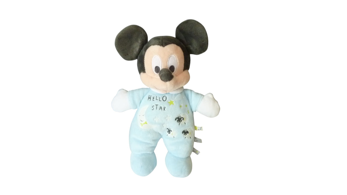 Peluche Mickey bleue et blanche Hello Star avec grelot – Disney 26 cm