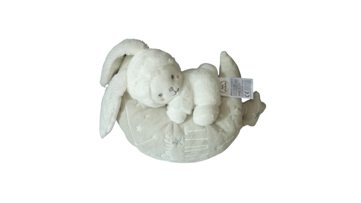 Peluche musicale lapin sur sa lune blanc gris - Mots d'Enfants 22 cm