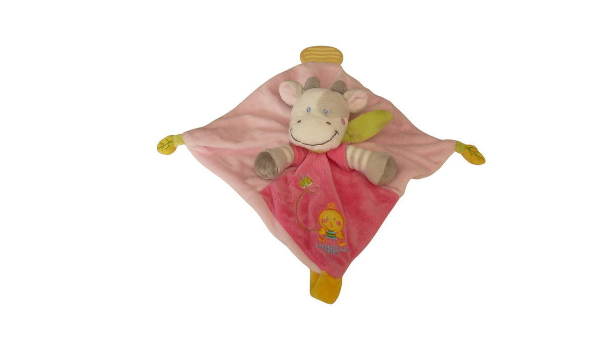 Doudou vache plat Nicotoy rose avec anneau de dentition – 22 × 22 cm